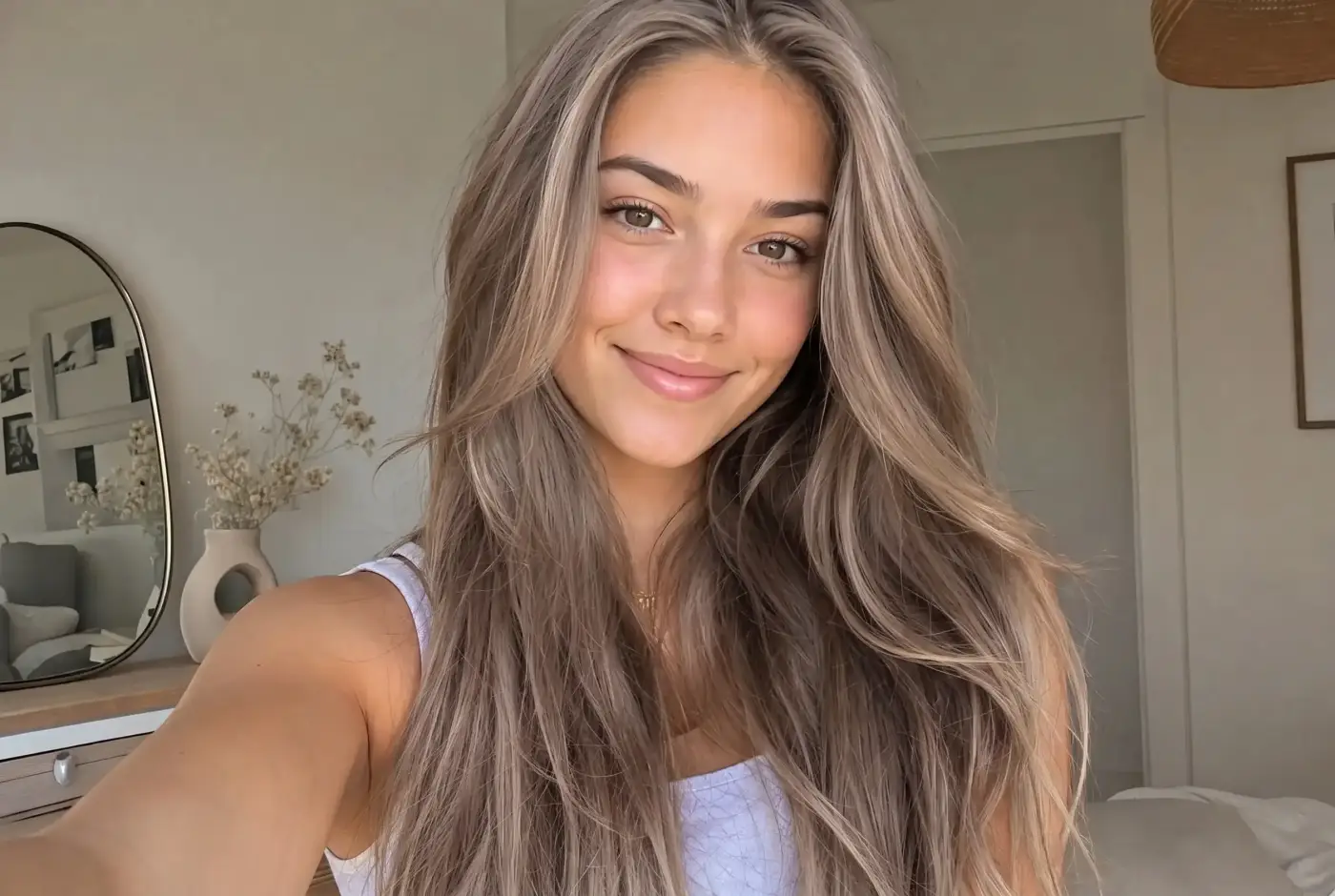 The same selfie in ash blonde — a cool, muted shade with grey and smoky undertones and no yellow