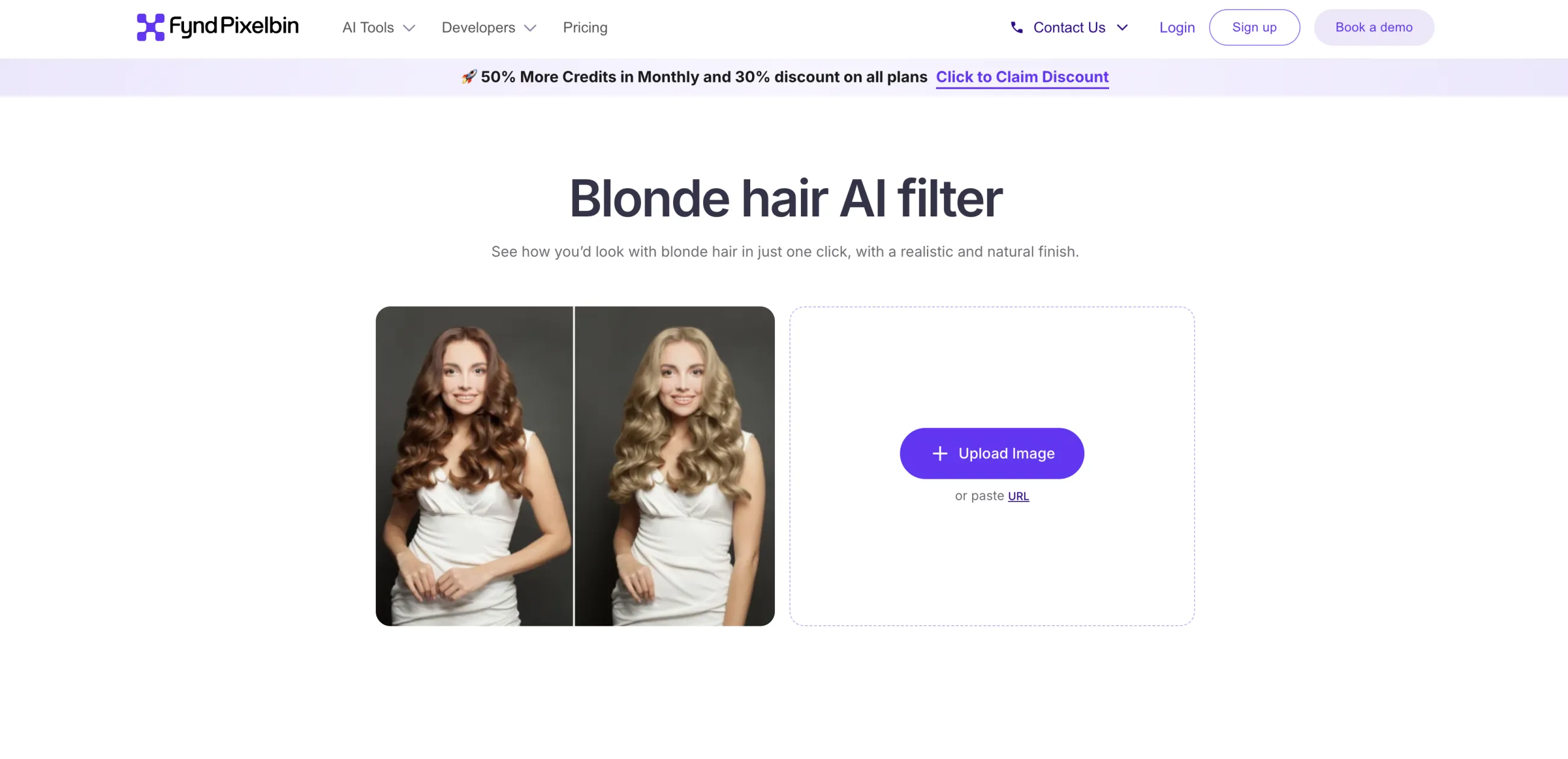 Pixelbin's Blonde hair AI filter page with a brunette-to-blonde example and an Upload Image button next to a paste-URL option