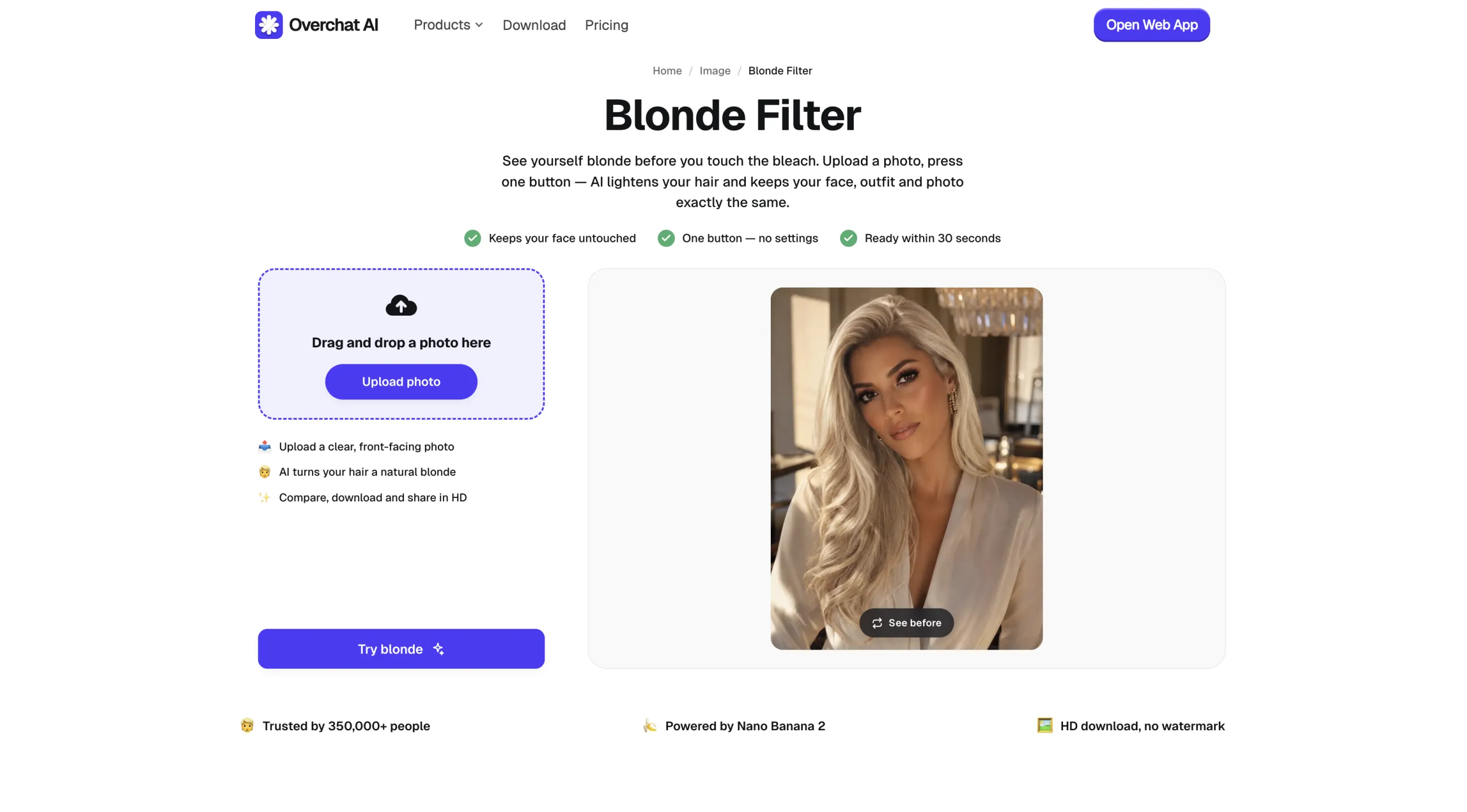 The Overchat AI Blonde Filter page, showing the drag-and-drop upload box, the Try blonde button and a demo portrait with a See before toggle