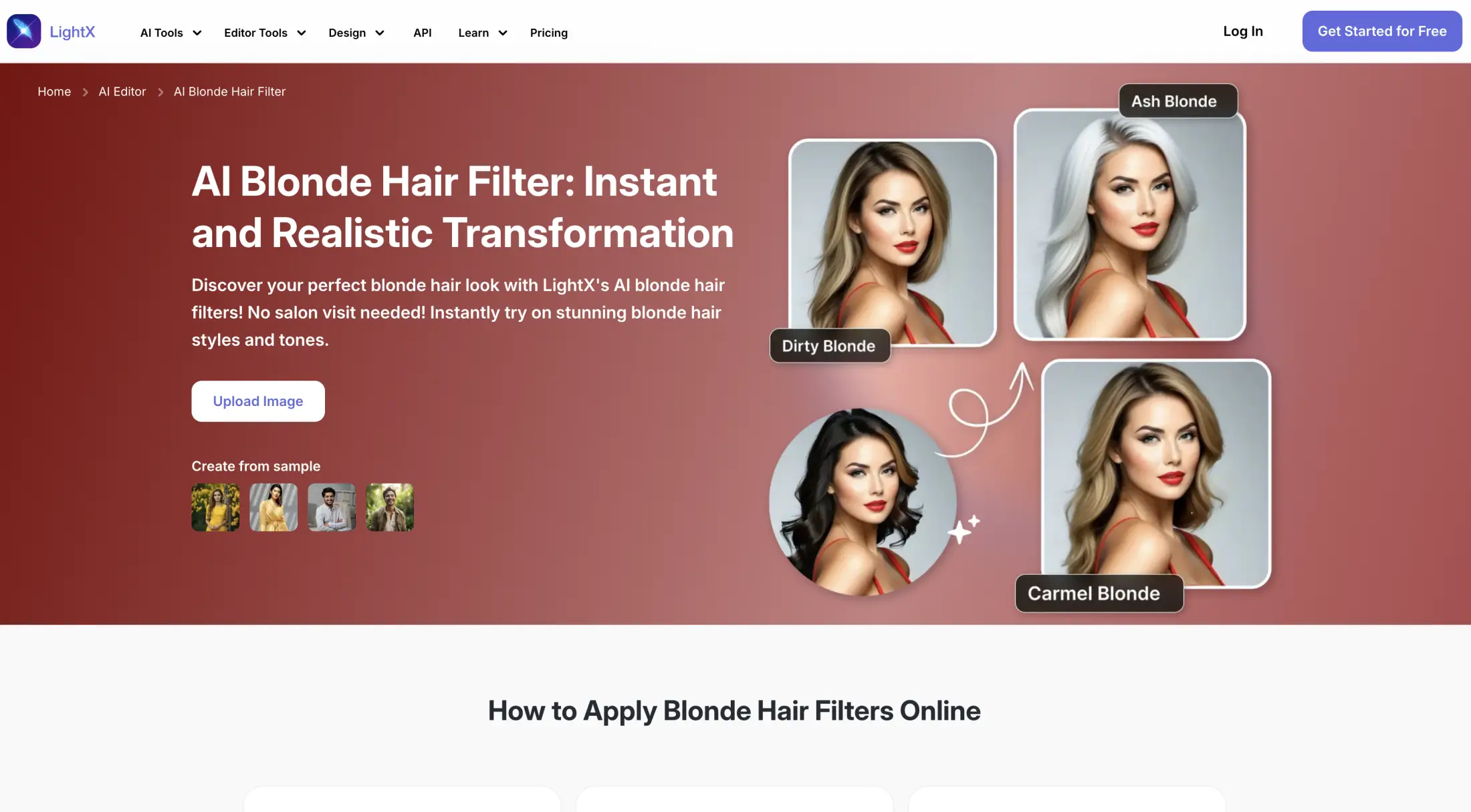 LightX's AI Blonde Hair Filter page showing one portrait rendered as dirty blonde, ash blonde and caramel blonde, with an Upload Image button and sample photos