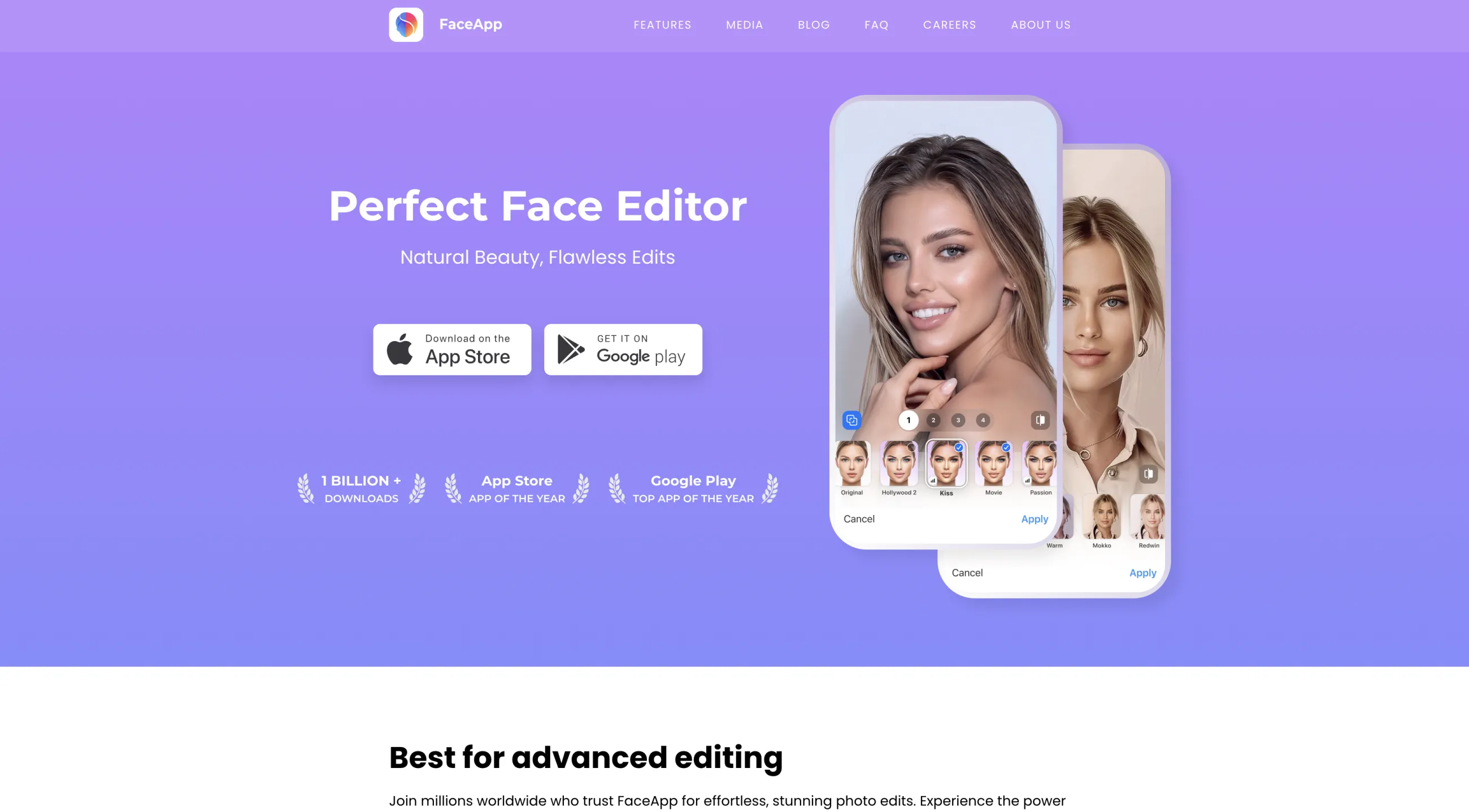 FaceApp's homepage, headed 