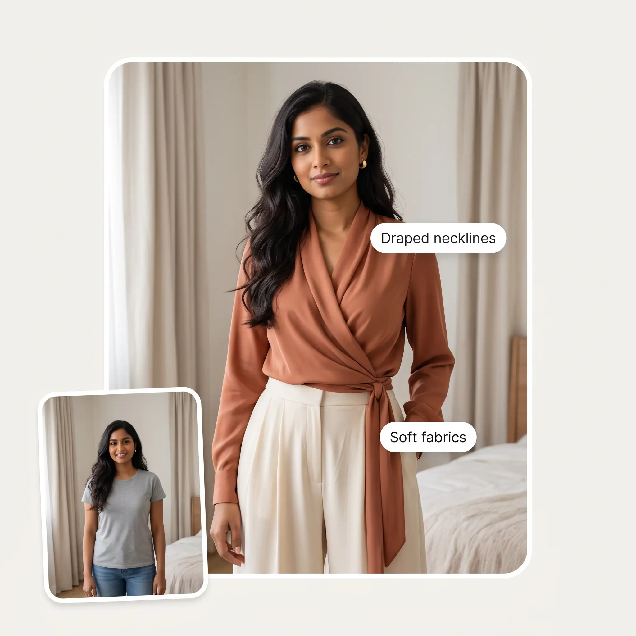 Before and after styling: casual outfit versus a look matched to the Kibbe type