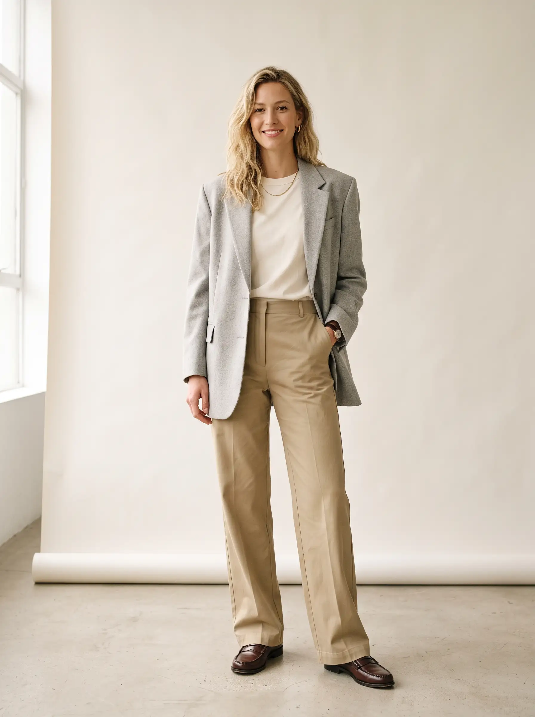 Relaxed broad-shouldered woman in an oversized blazer illustrating the Flamboyant Natural Kibbe body type
