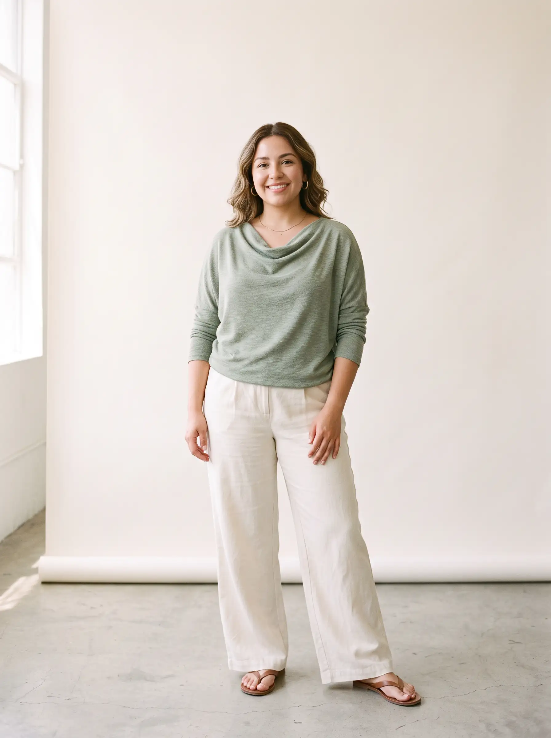 Woman in soft knit and flowing trousers illustrating the Soft Natural Kibbe body type