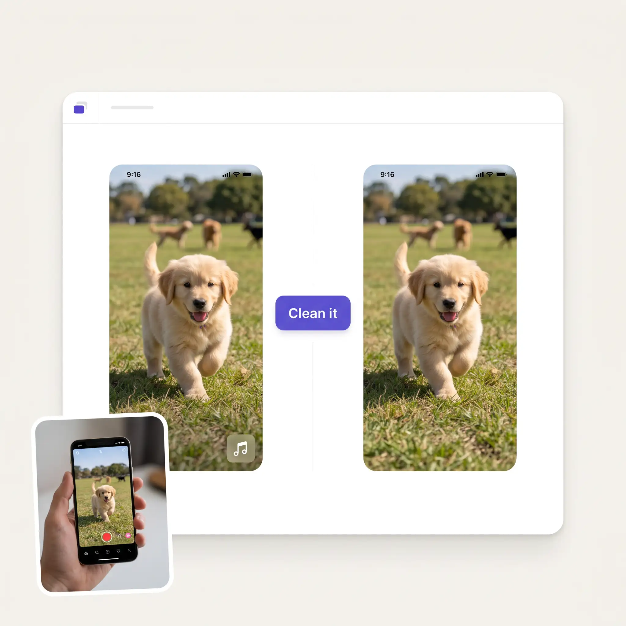 The TikTok watermark remover interface with a marked clip and its clean result