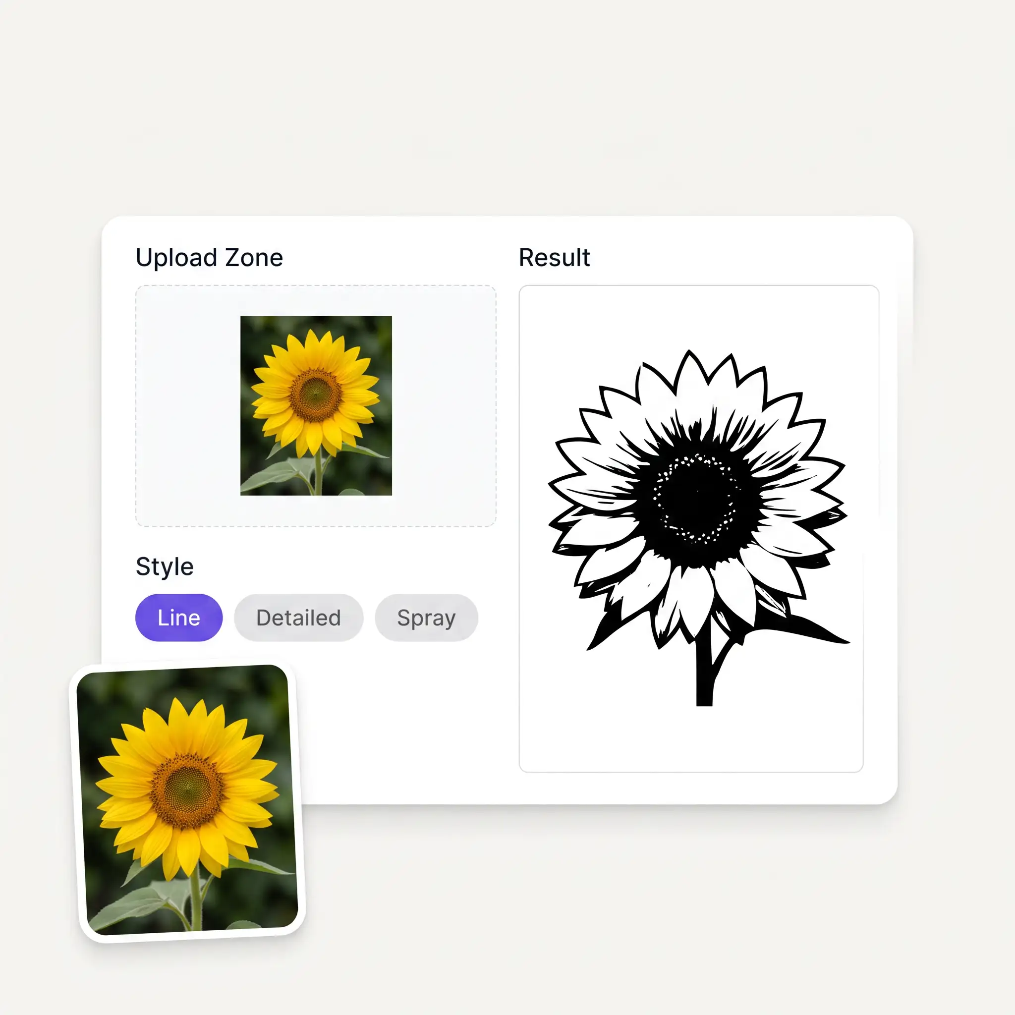 The stencil maker interface with a photo upload, style chips and the stencil result