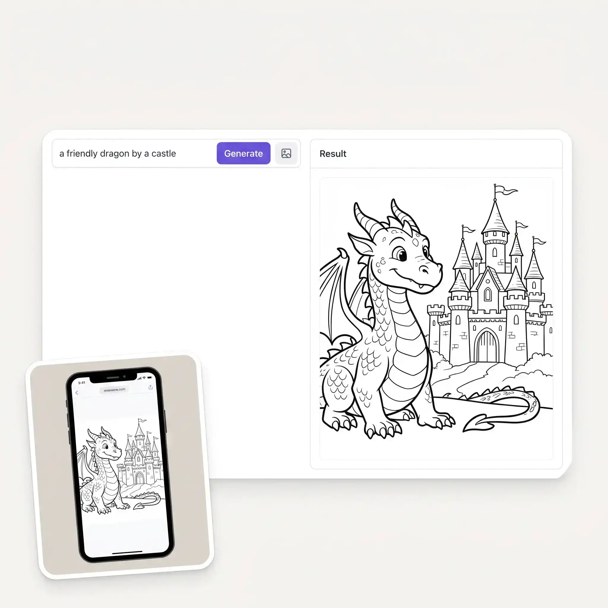 The coloring page generator interface with a prompt and the finished line art page