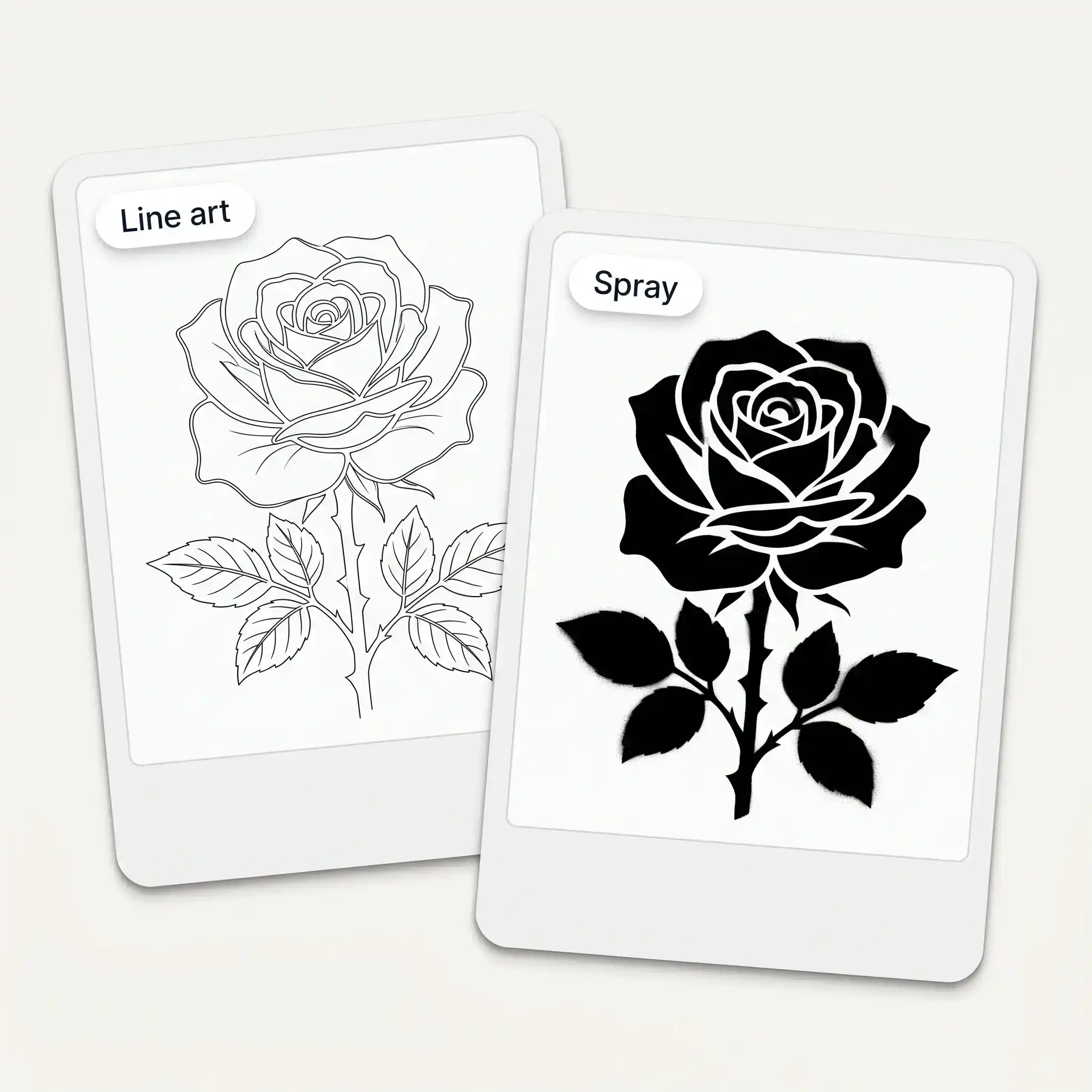 The same rose as a line art stencil and a spray-paint stencil