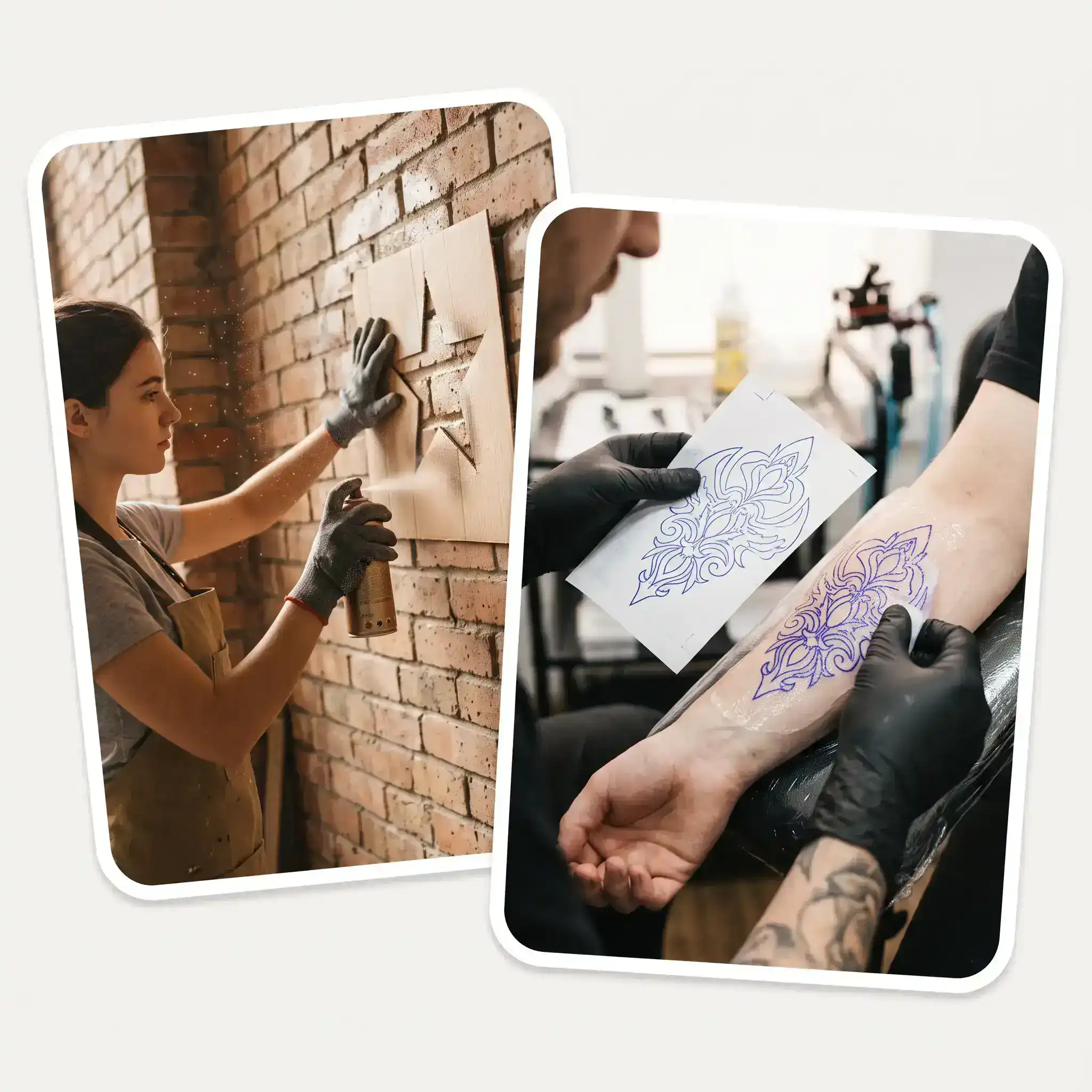 A stencil sprayed on a wall and a tattoo transfer being prepared