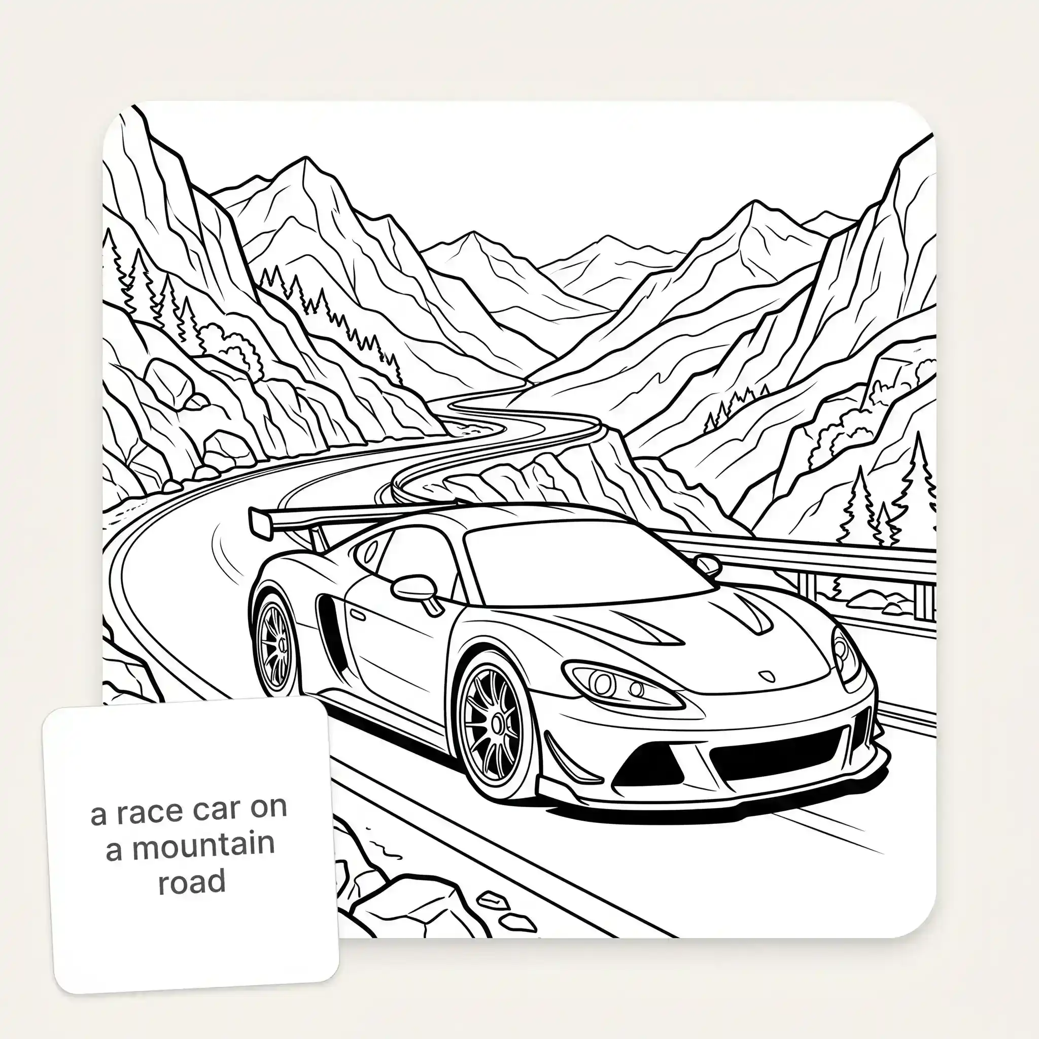 A text prompt turned into a race car coloring page