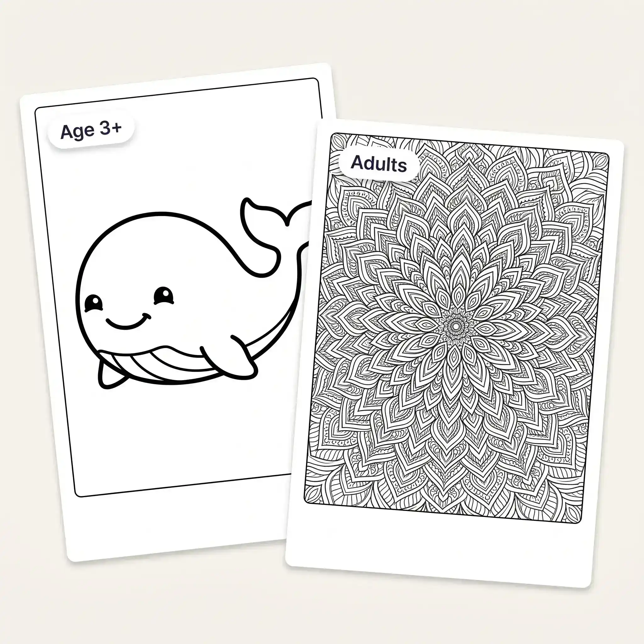 A simple toddler page next to an intricate adult mandala