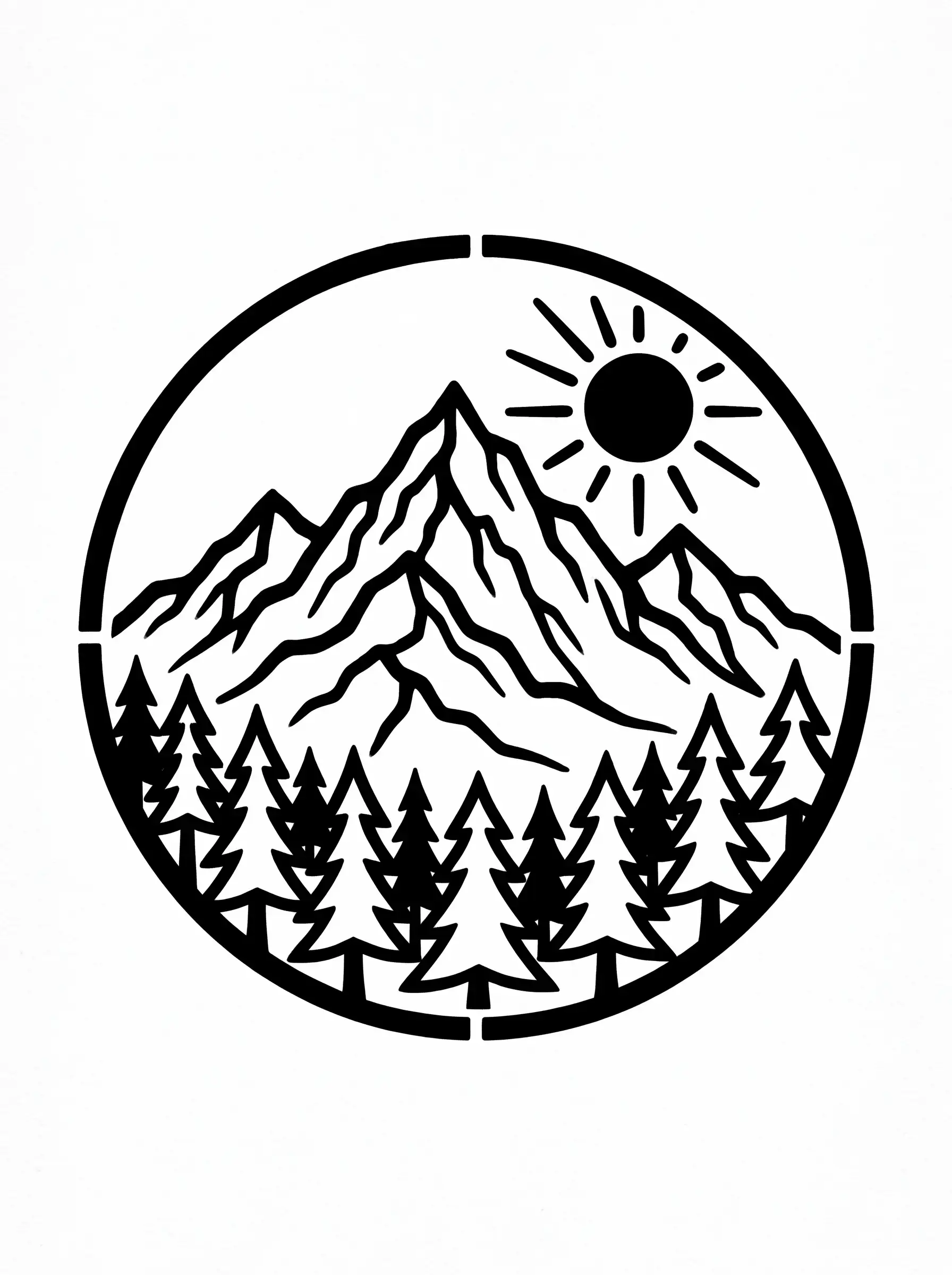 Mountain range with pines as a minimal line art stencil