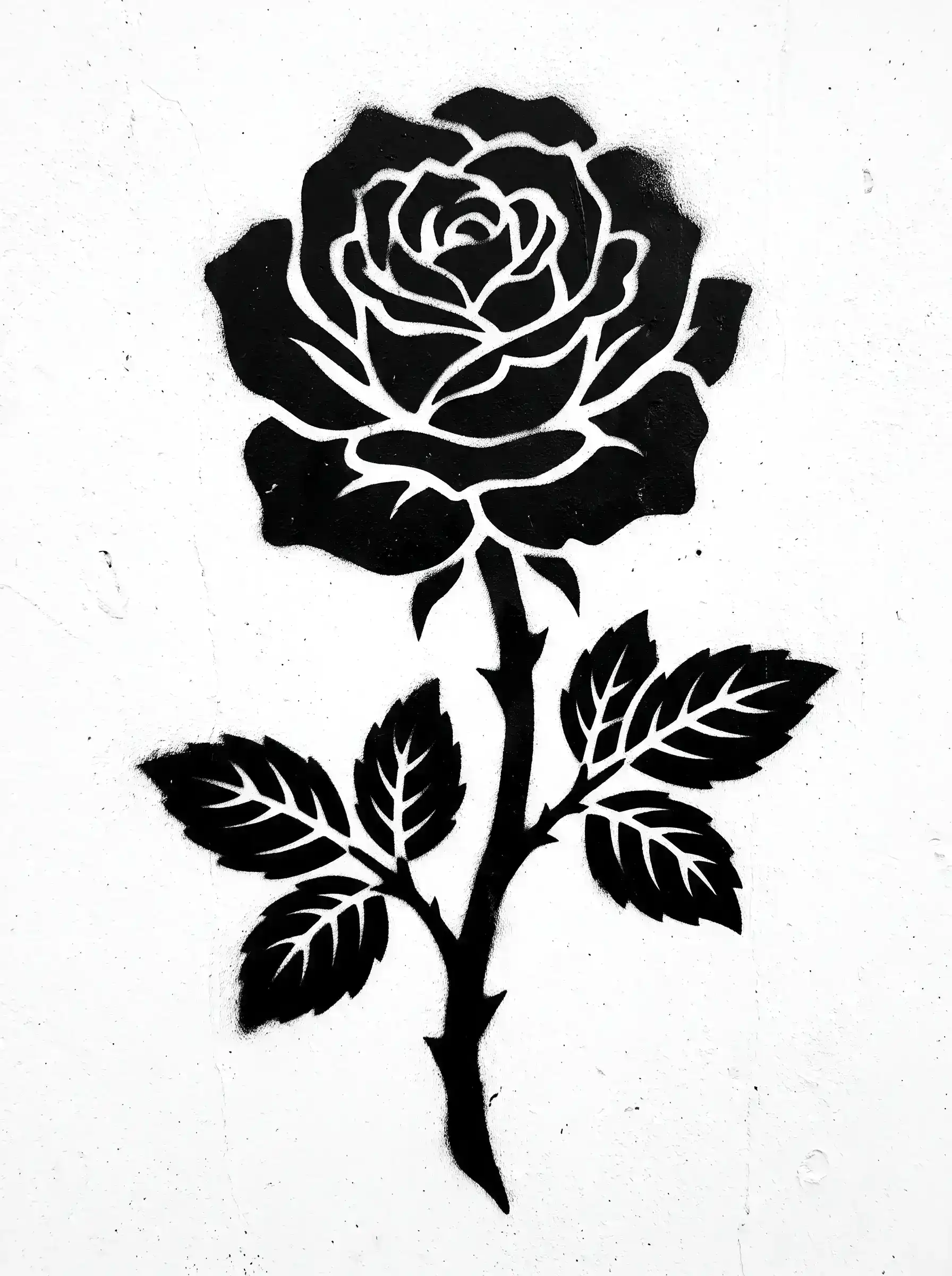 Rose as a bold spray-paint stencil with solid black shapes