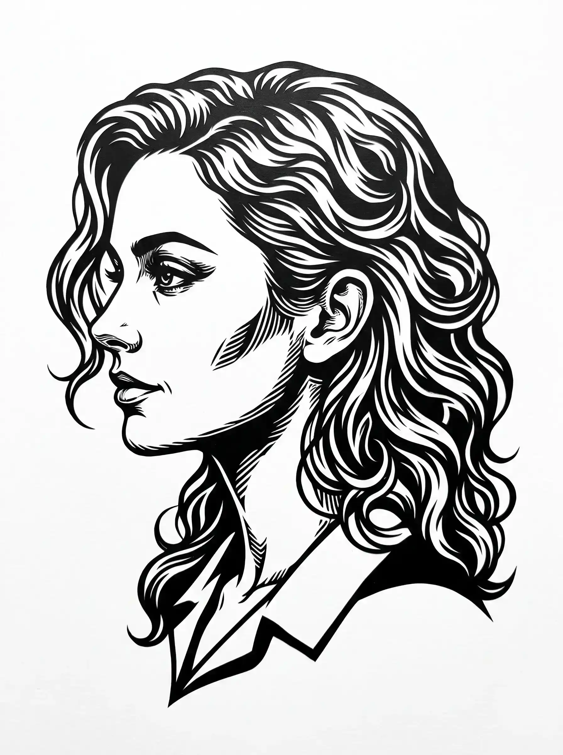 Woman profile portrait as a detailed stencil with interior shading