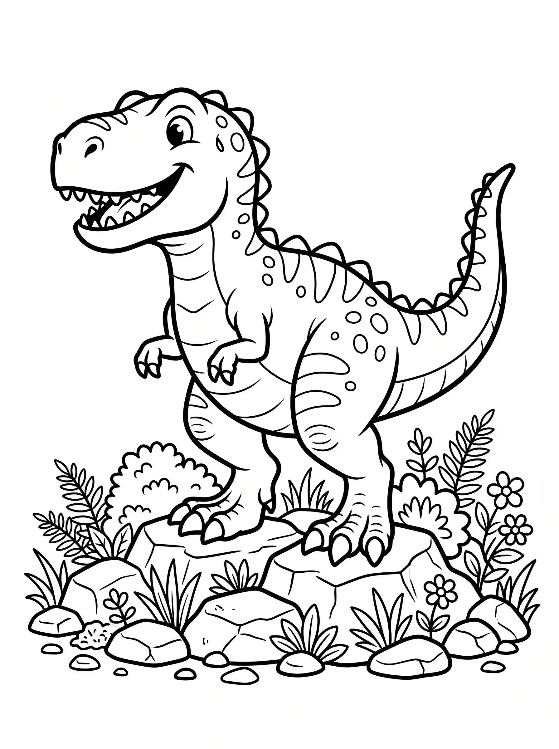 Coloring page of a friendly T-rex standing on rocks