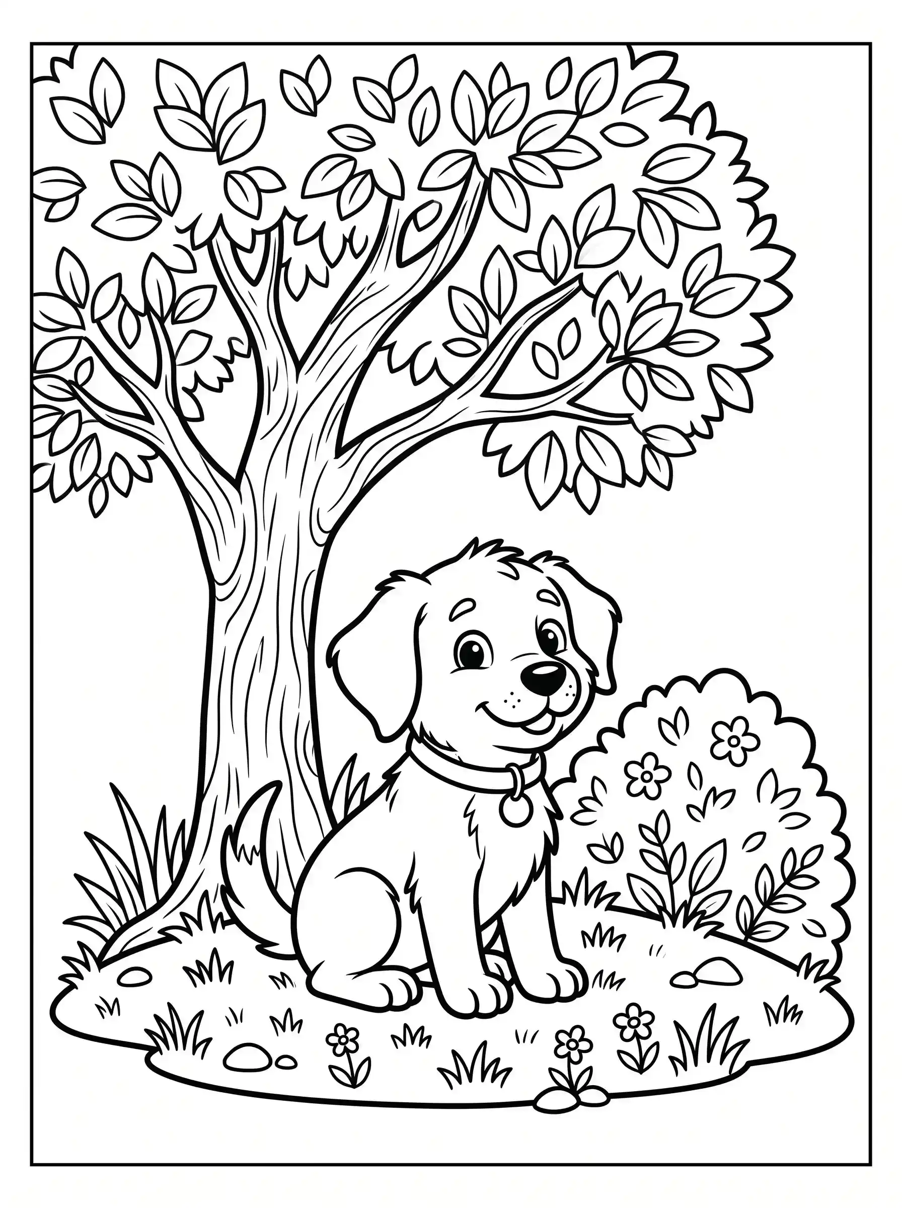 Coloring page of a cute puppy sitting under a tree
