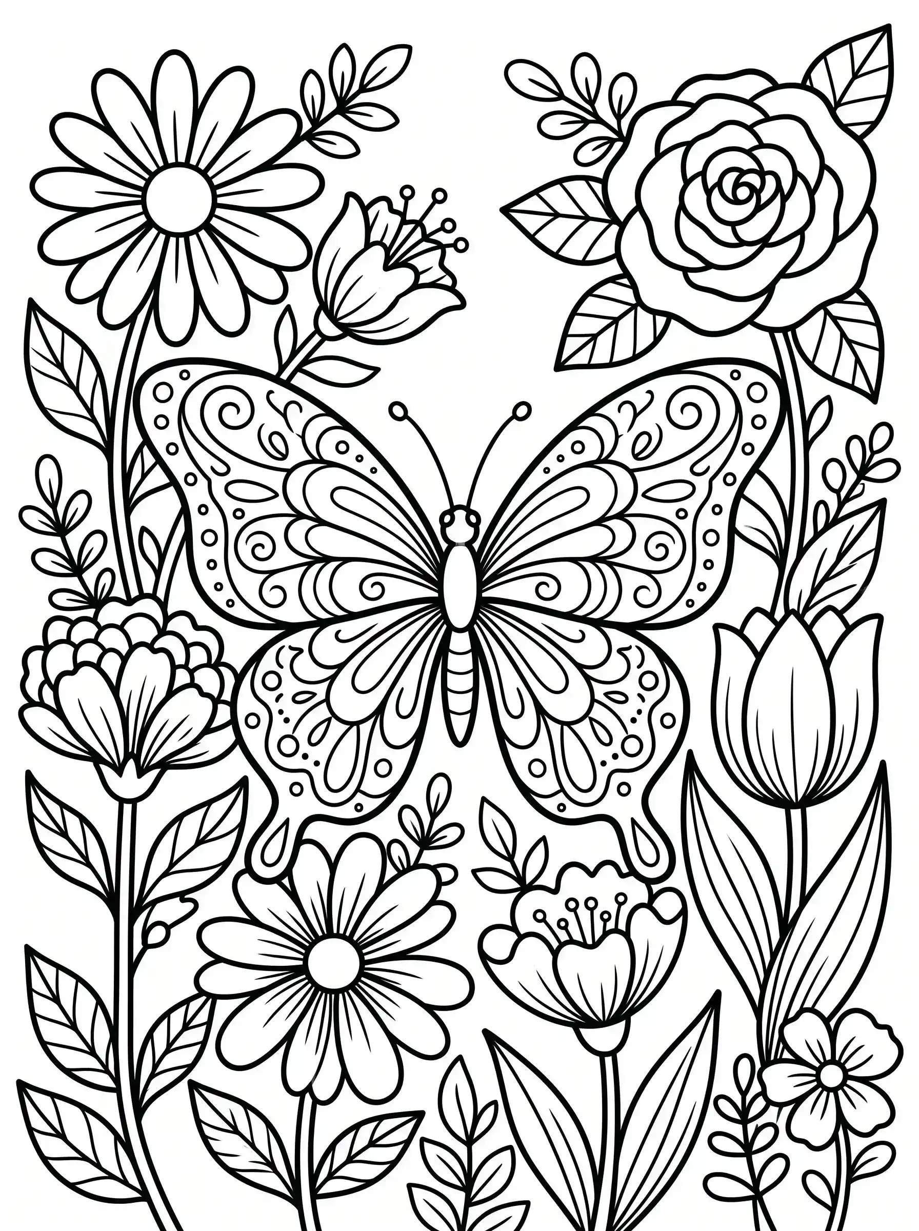 Coloring page of a butterfly surrounded by blooming flowers