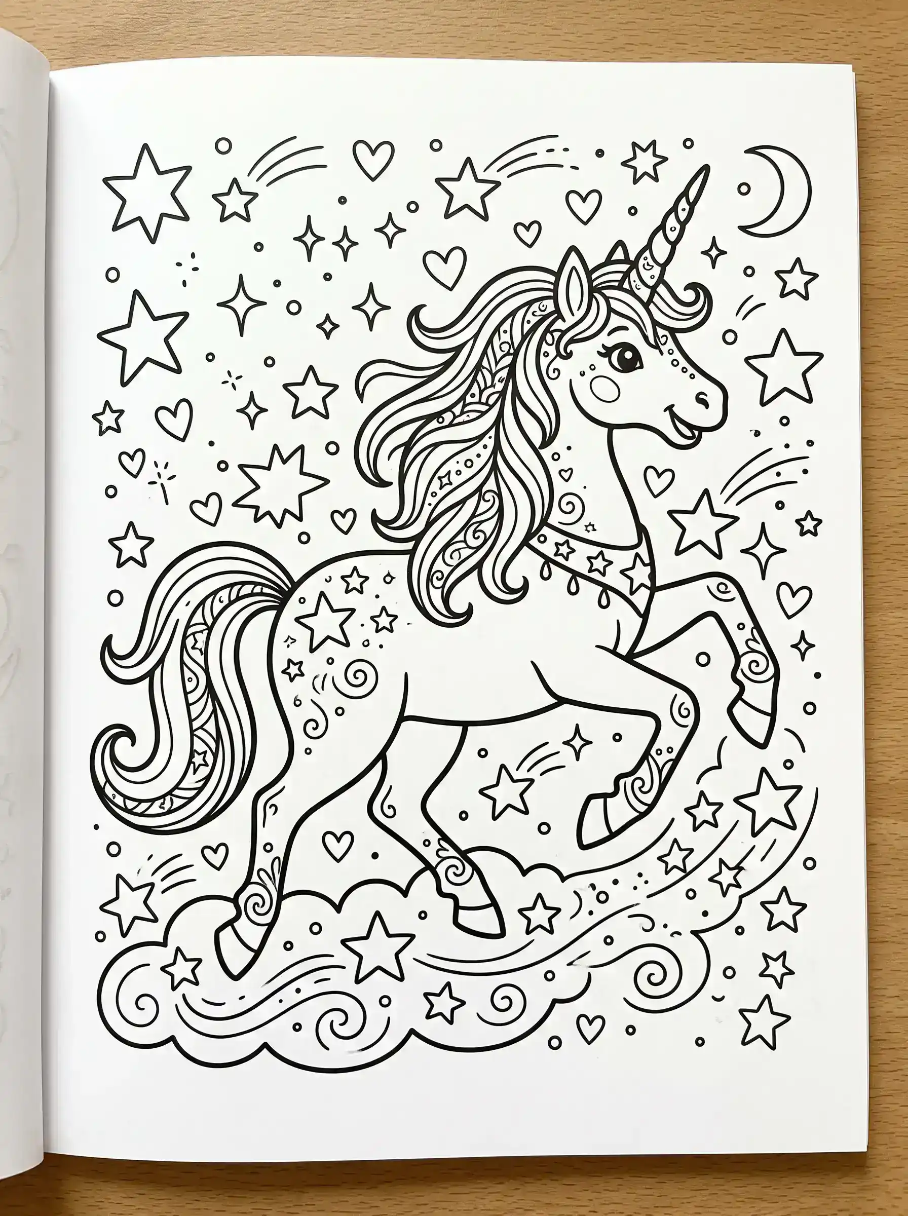 Coloring page of a prancing unicorn with stars and hearts