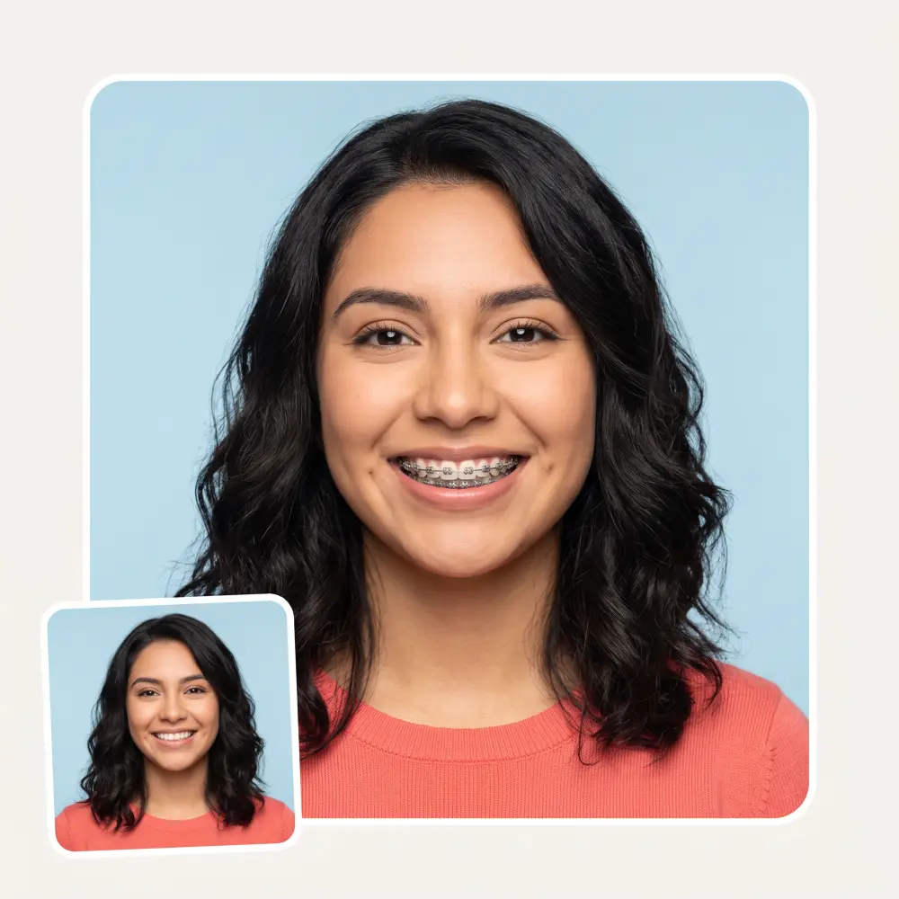 A smiling woman next to the same smile with realistic AI-generated braces