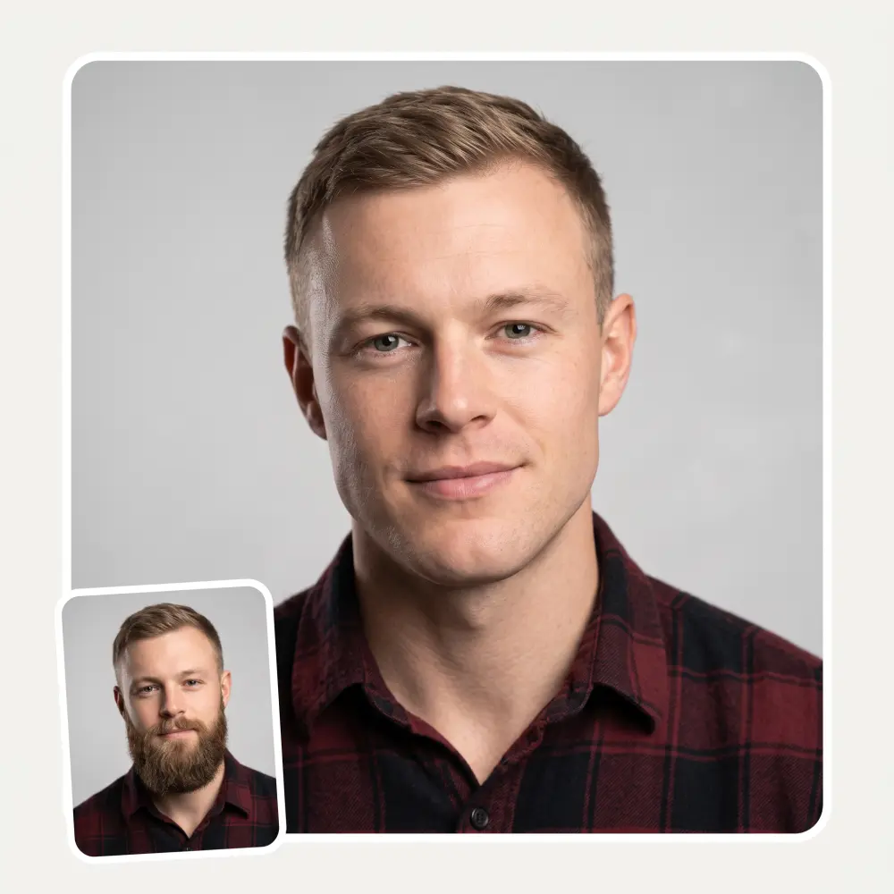A bearded man next to the same man clean-shaven, generated by AI