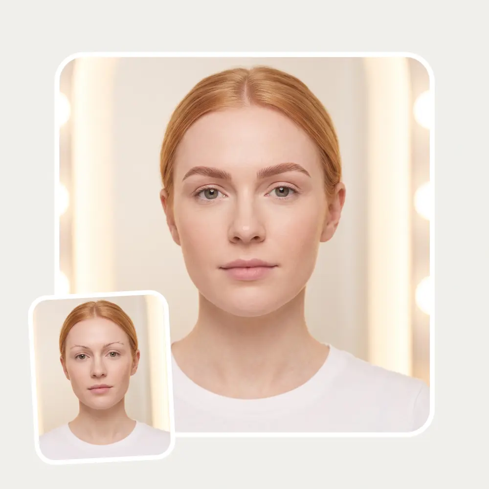 A woman with thin brows next to the same face with full defined brows