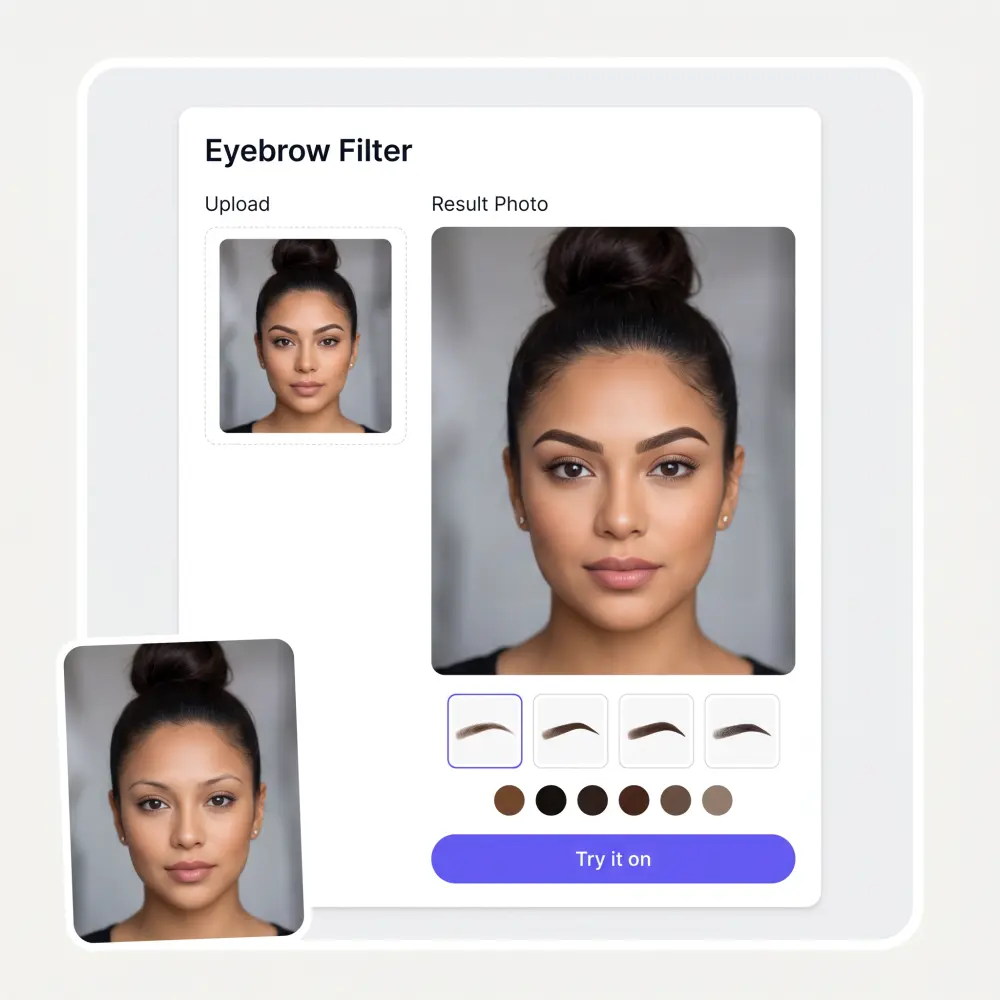 The eyebrow filter interface with a shape gallery, colour swatches and a result