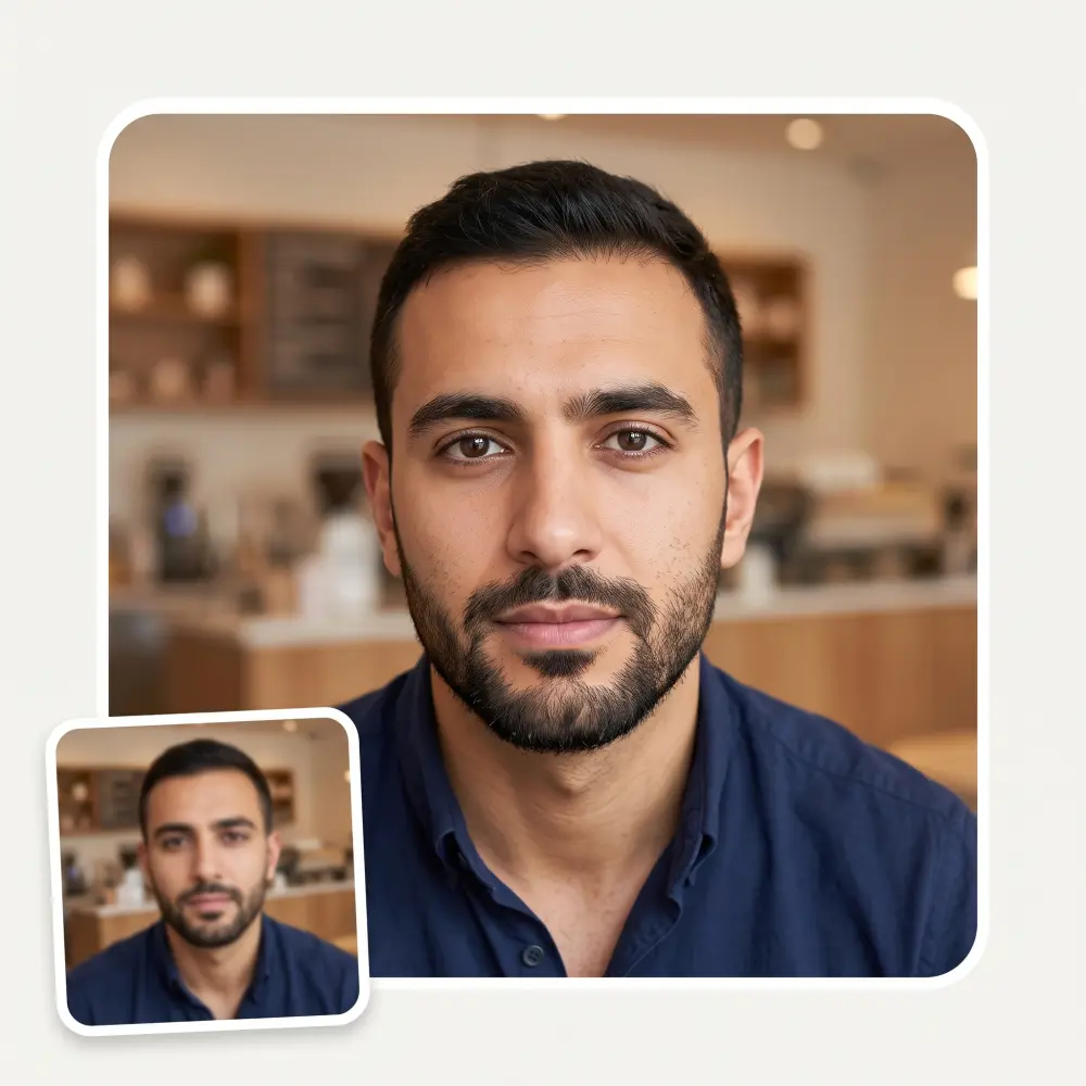 A blurry low-resolution portrait next to the same portrait converted to sharp HD