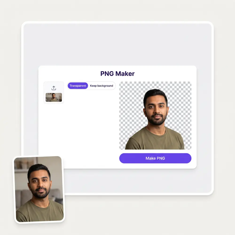 The PNG maker interface with an uploaded photo and its transparent PNG result