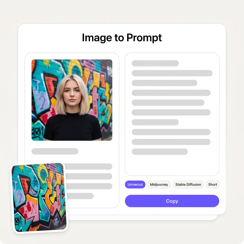 The image to prompt interface with an uploaded photo and the generated prompt
