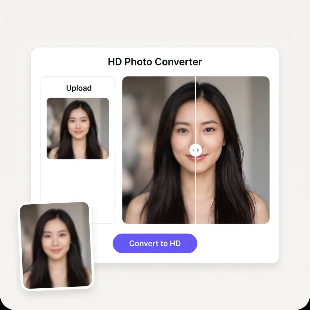 The HD photo converter interface with a before and after comparison slider