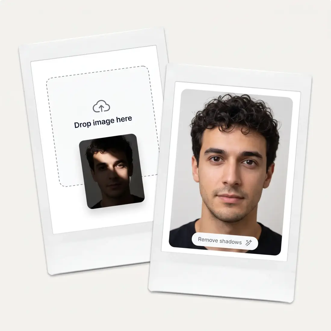 The shadow remover interface: a shadowed portrait dropped in, and the same portrait evenly relit