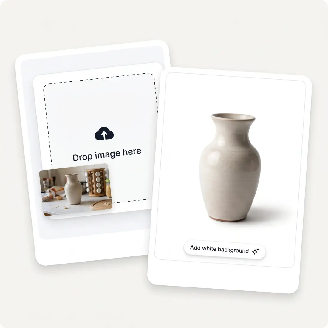 The white background maker interface: a vase shot in a kitchen, and the same vase on clean white