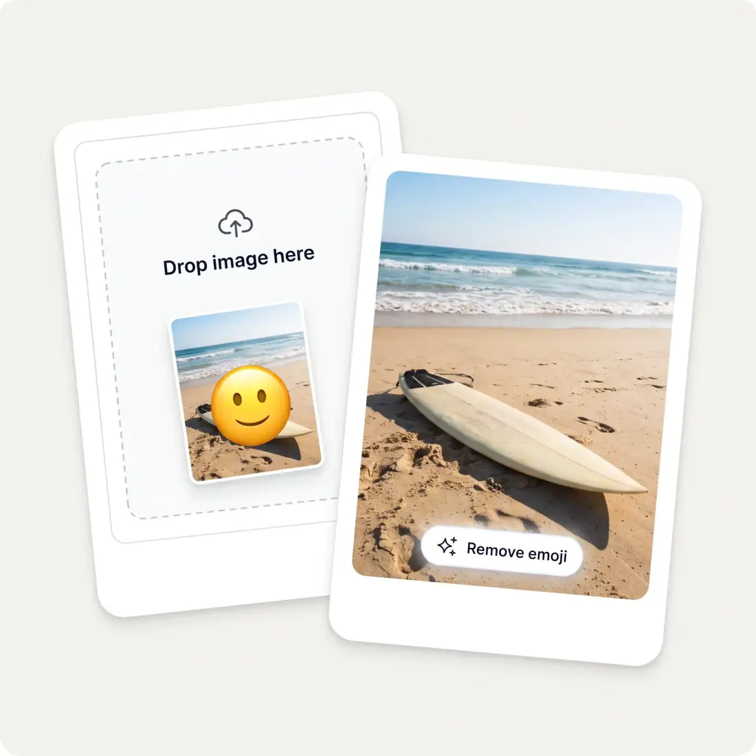 The emoji remover interface: a beach photo with an emoji sticker, and the same photo cleaned up
