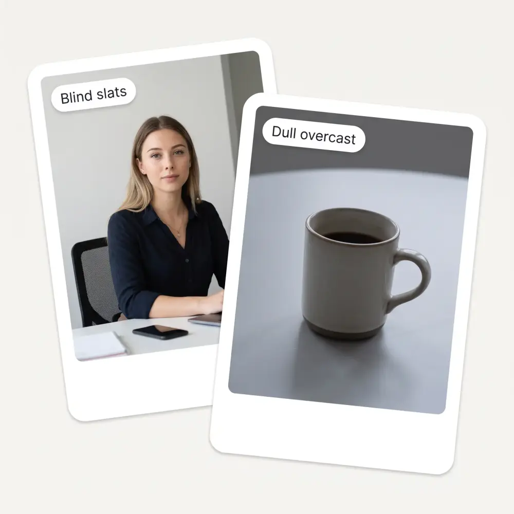 Two cleared shadow types: sharp blind slats on a face and a broad overcast shadow on a mug