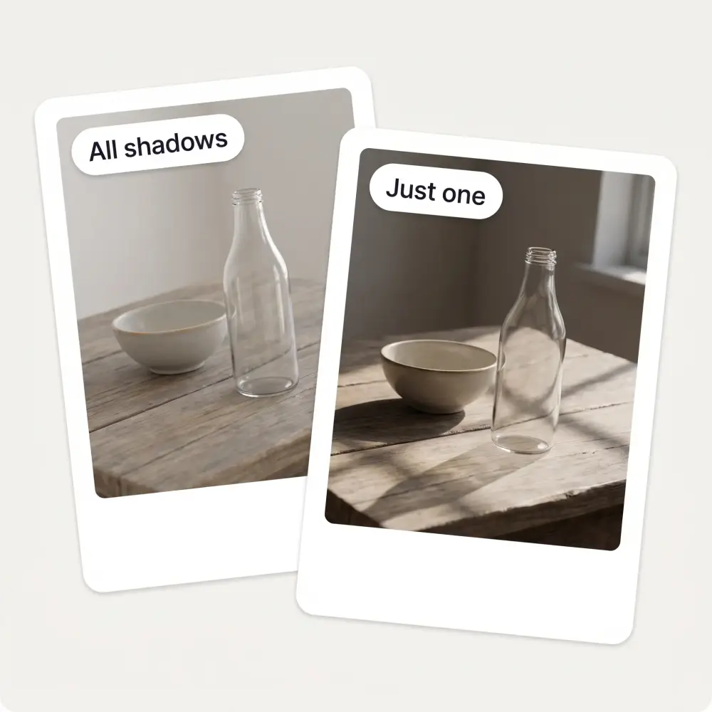 The same still life with every shadow cleared, and with only the shadow under the bottle removed