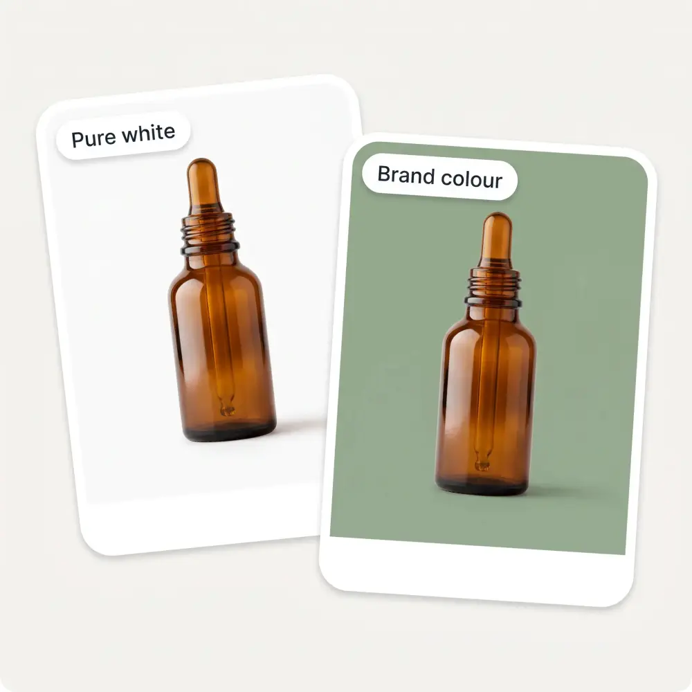 The same bottle on pure white and on a flat sage-green background