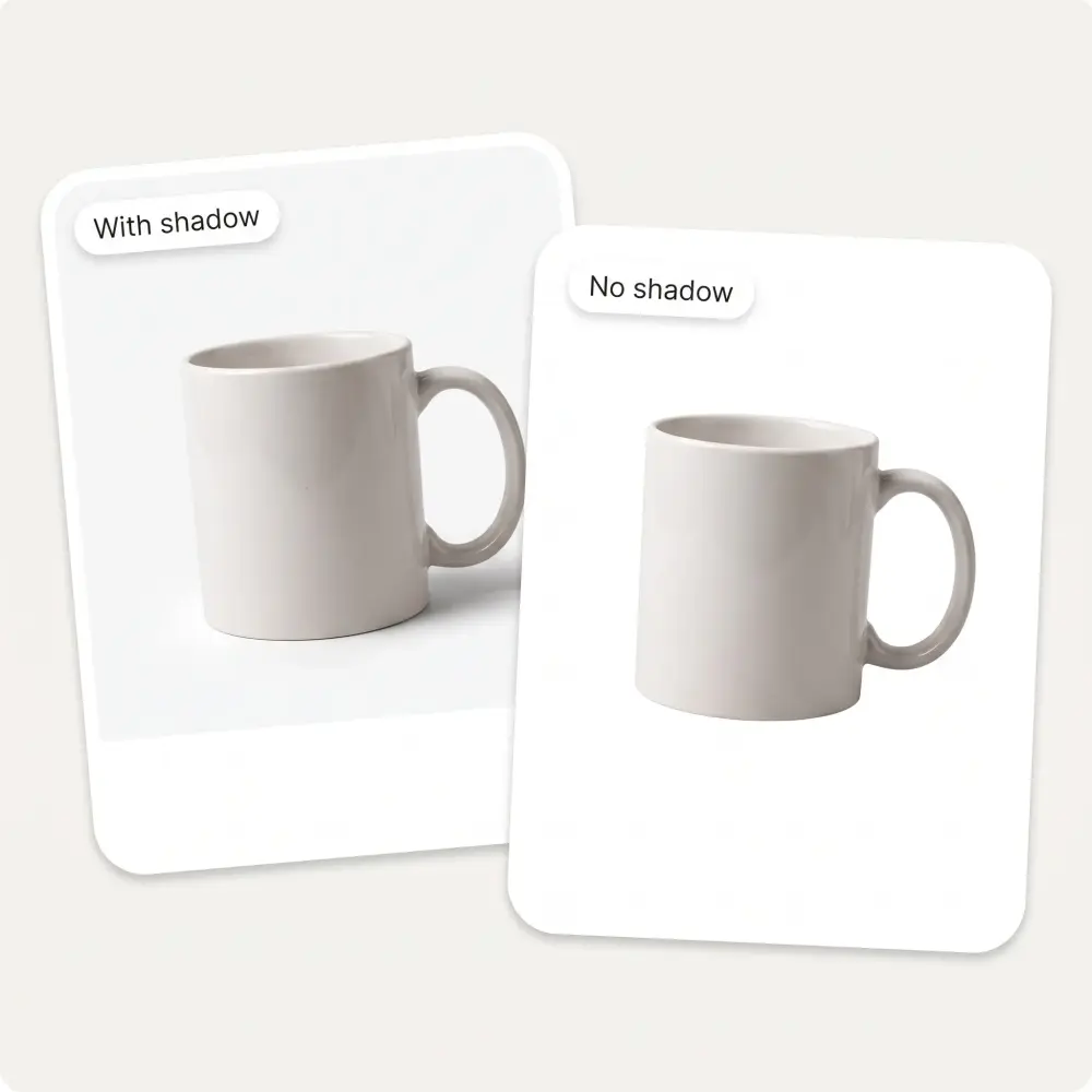 The same mug with a soft contact shadow and with no shadow at all