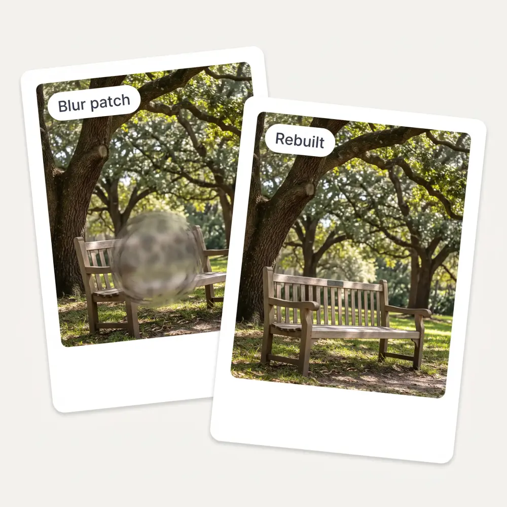 A crude blur patch over a park bench beside the same scene properly rebuilt