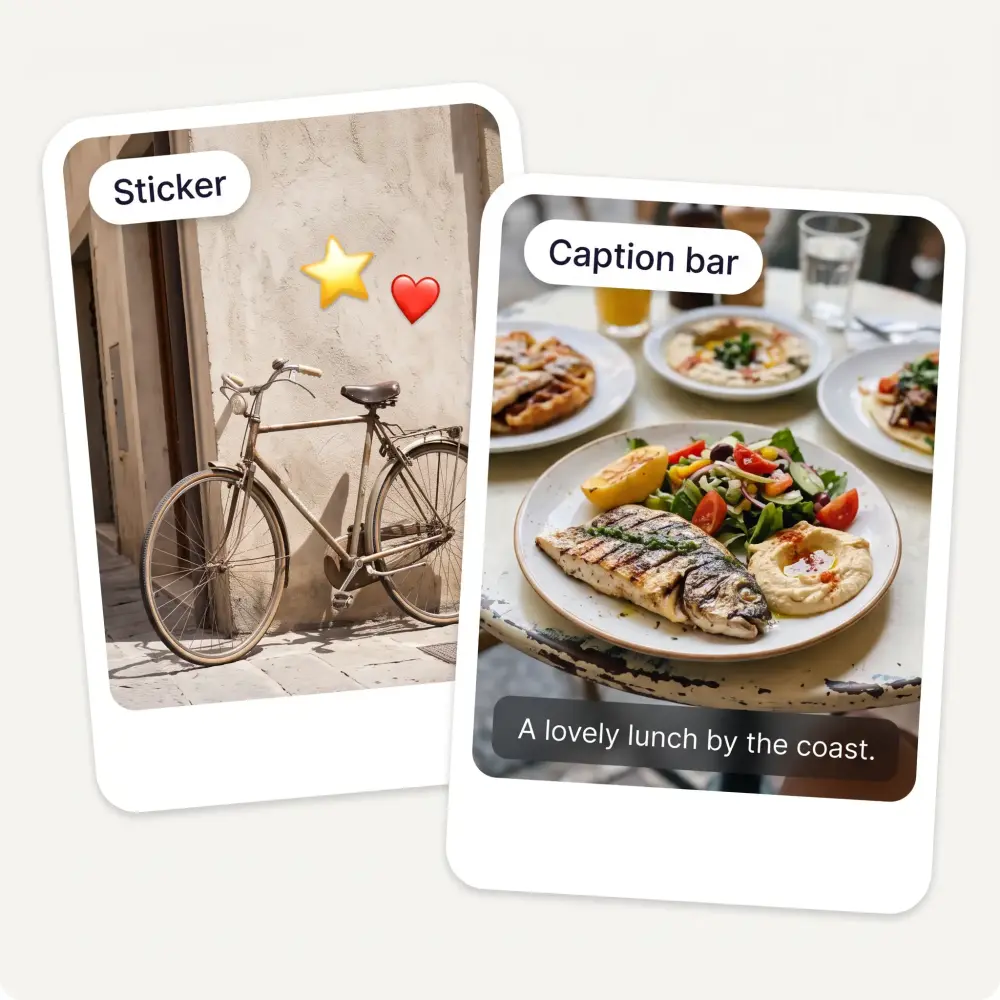 A sticker on a bicycle photo and a caption bar across a food photo