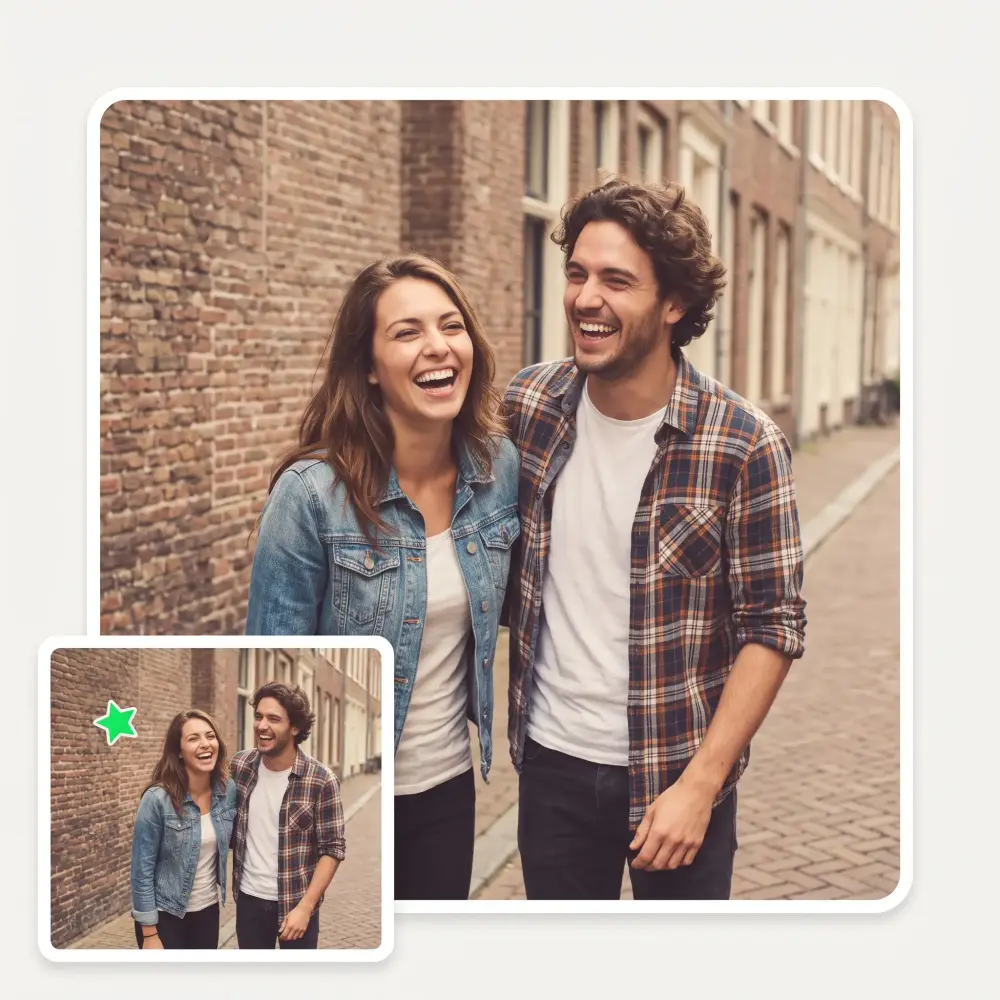 A street photo with a sticker removed while both faces stay exactly as shot