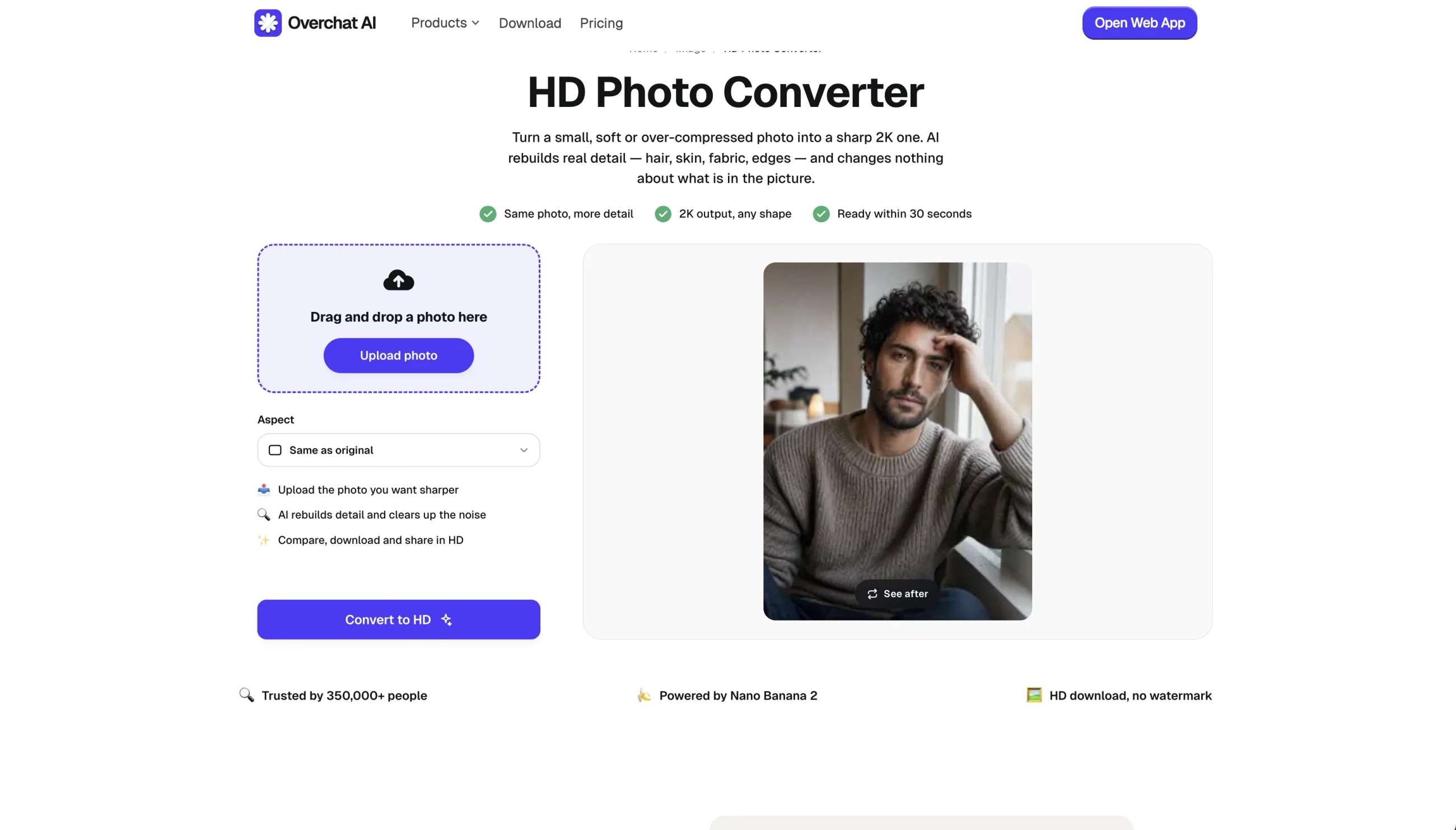 Overchat AI HD Photo Converter upload screen
