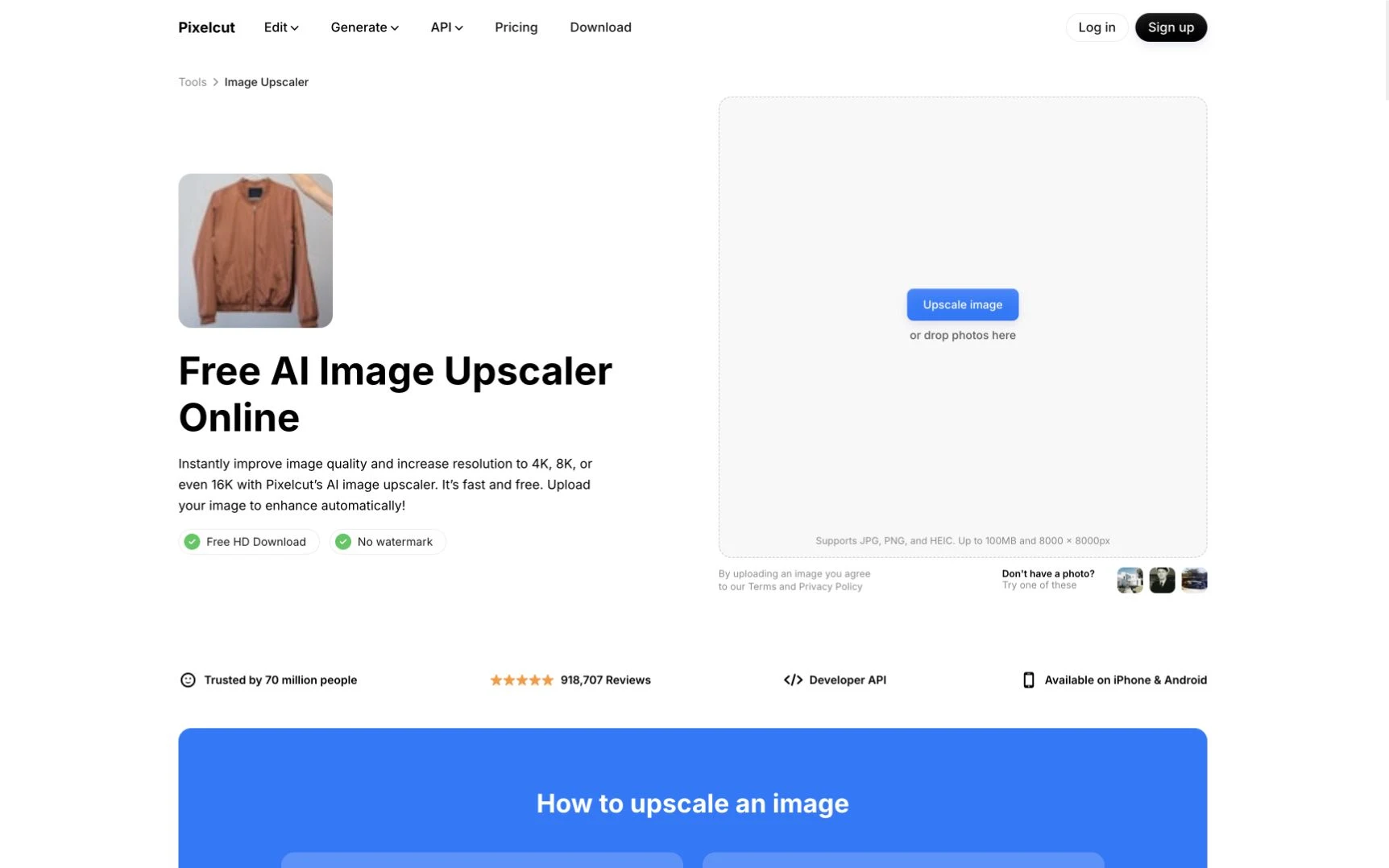 Pixelcut AI image upscaler homepage