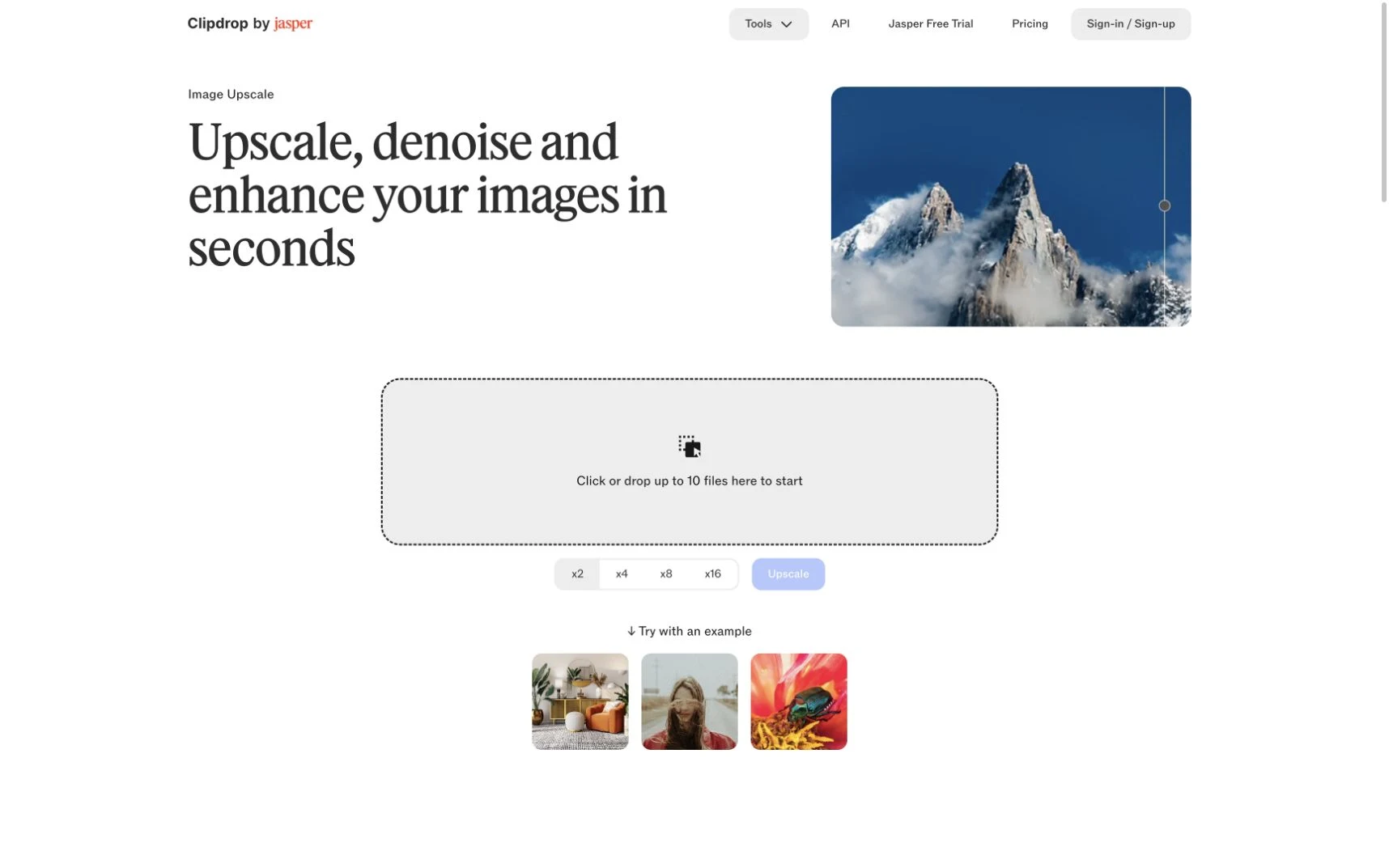 Clipdrop AI image upscaler homepage