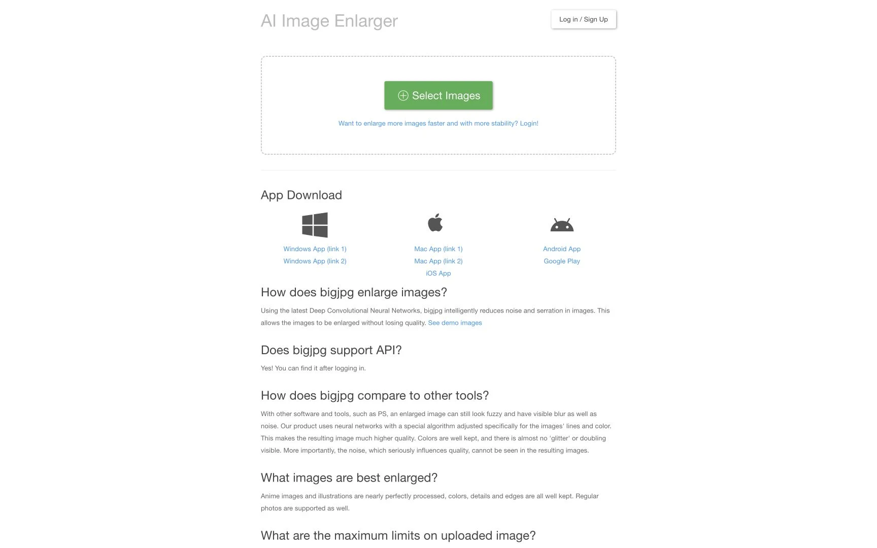 Bigjpg free AI image upscaler homepage
