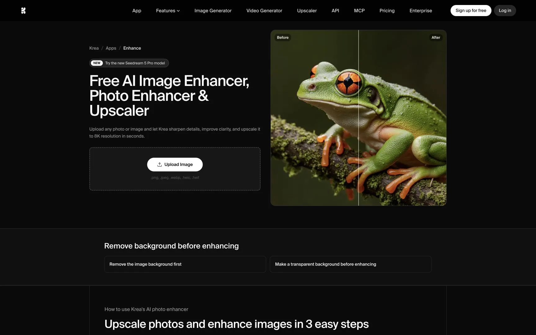 Krea AI image enhancer homepage