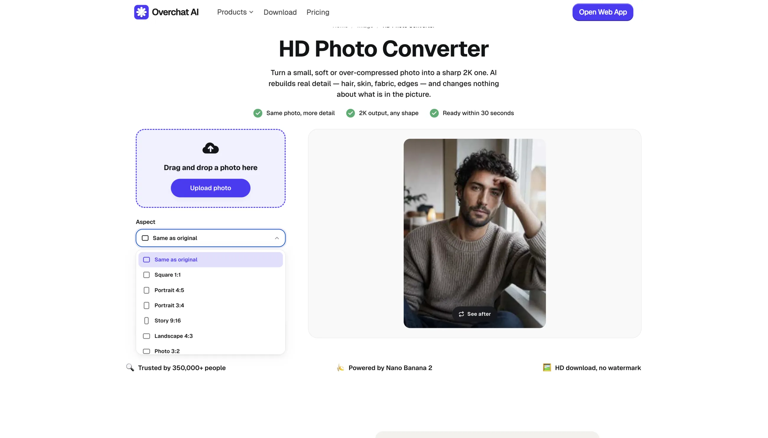 Aspect ratio options in Overchat AI HD Photo Converter