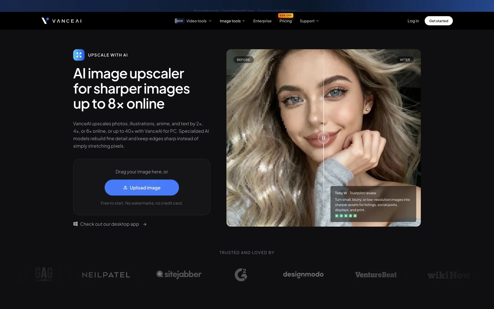 VanceAI image upscaler homepage