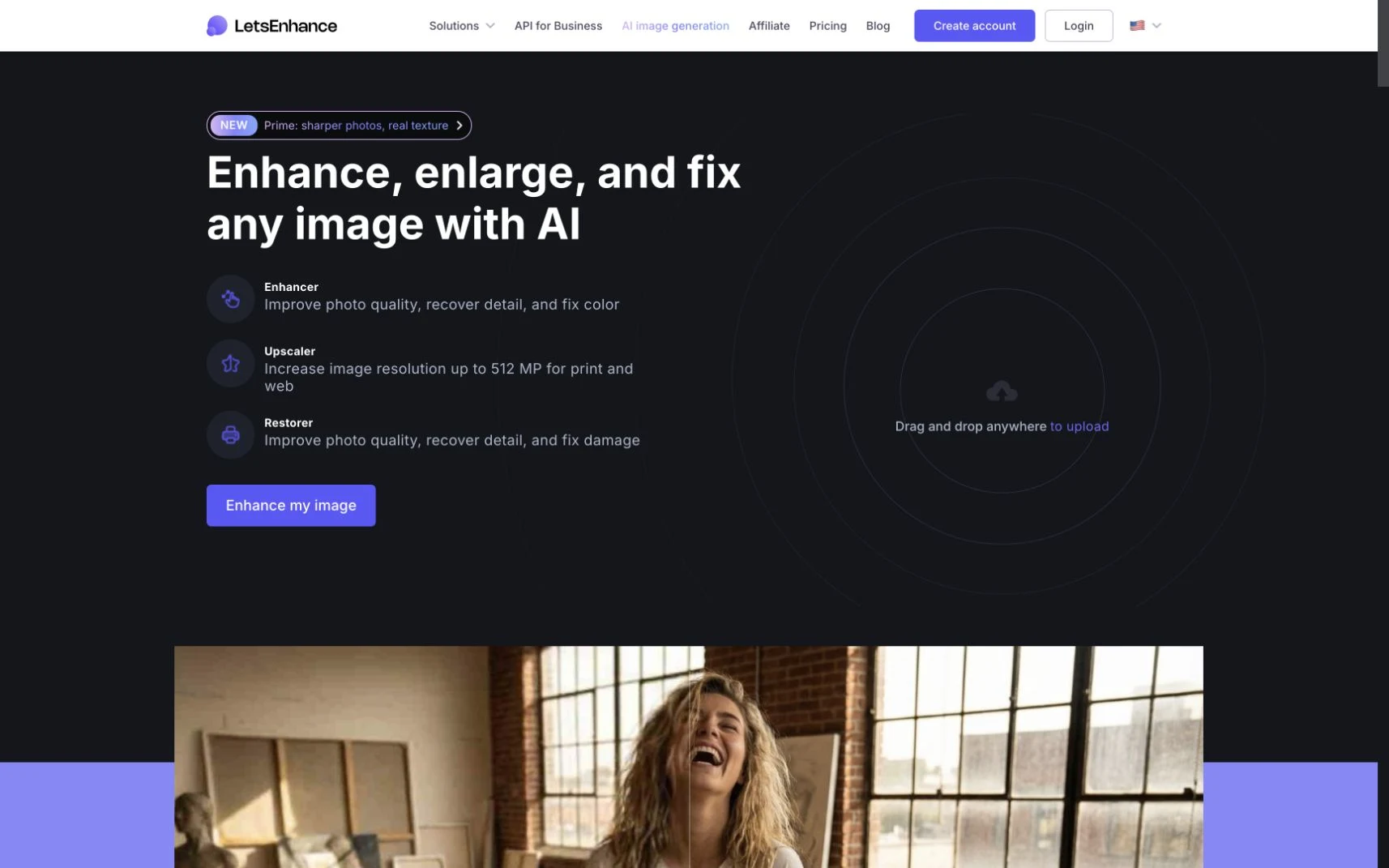 Let&rsquo;s Enhance AI image upscaler homepage