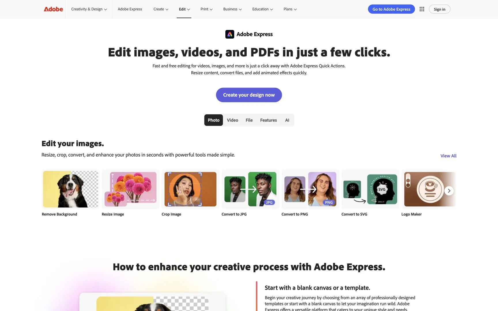 Adobe Express image editing features homepage