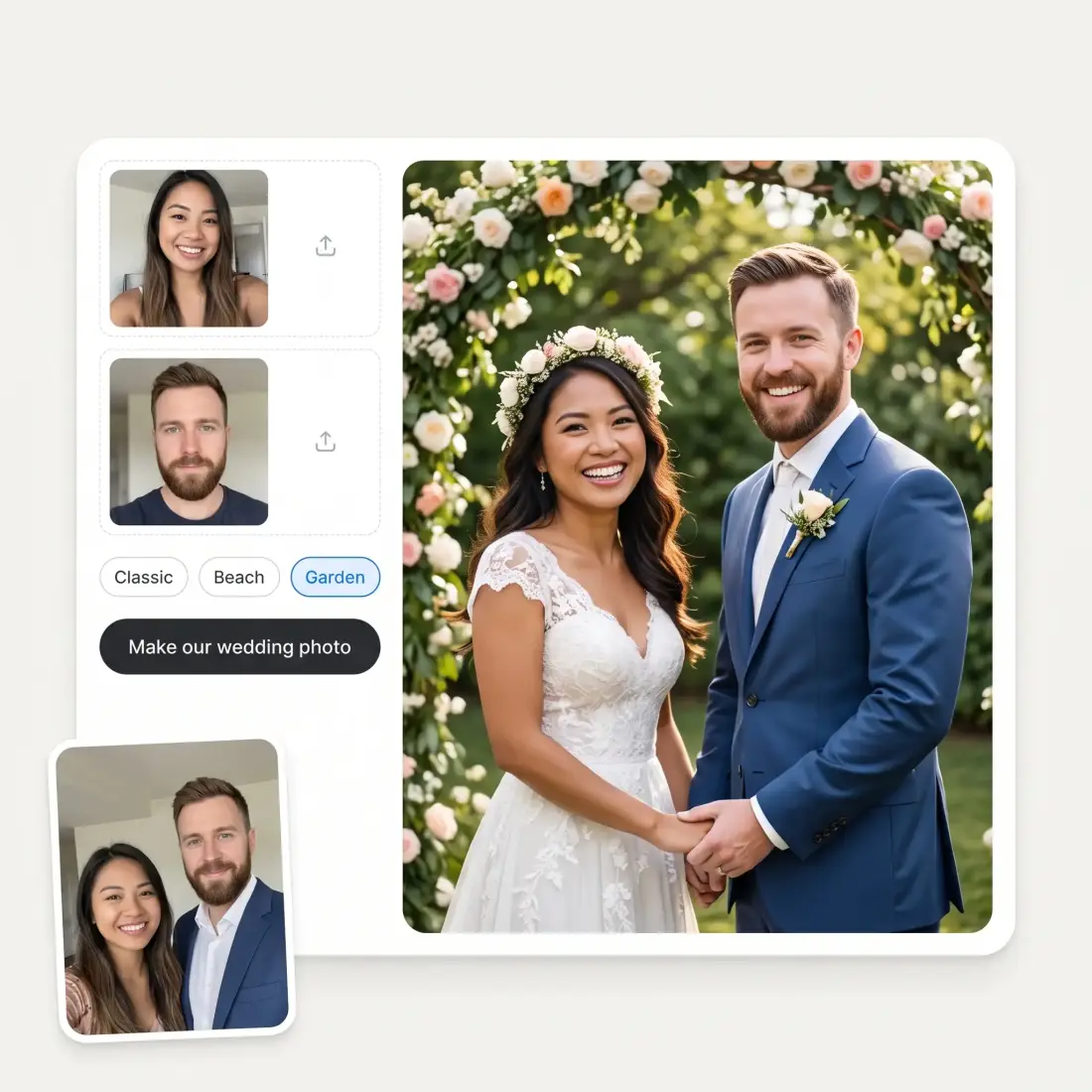 The wedding photo generator with two upload slots, style chips and a Make our wedding photo button